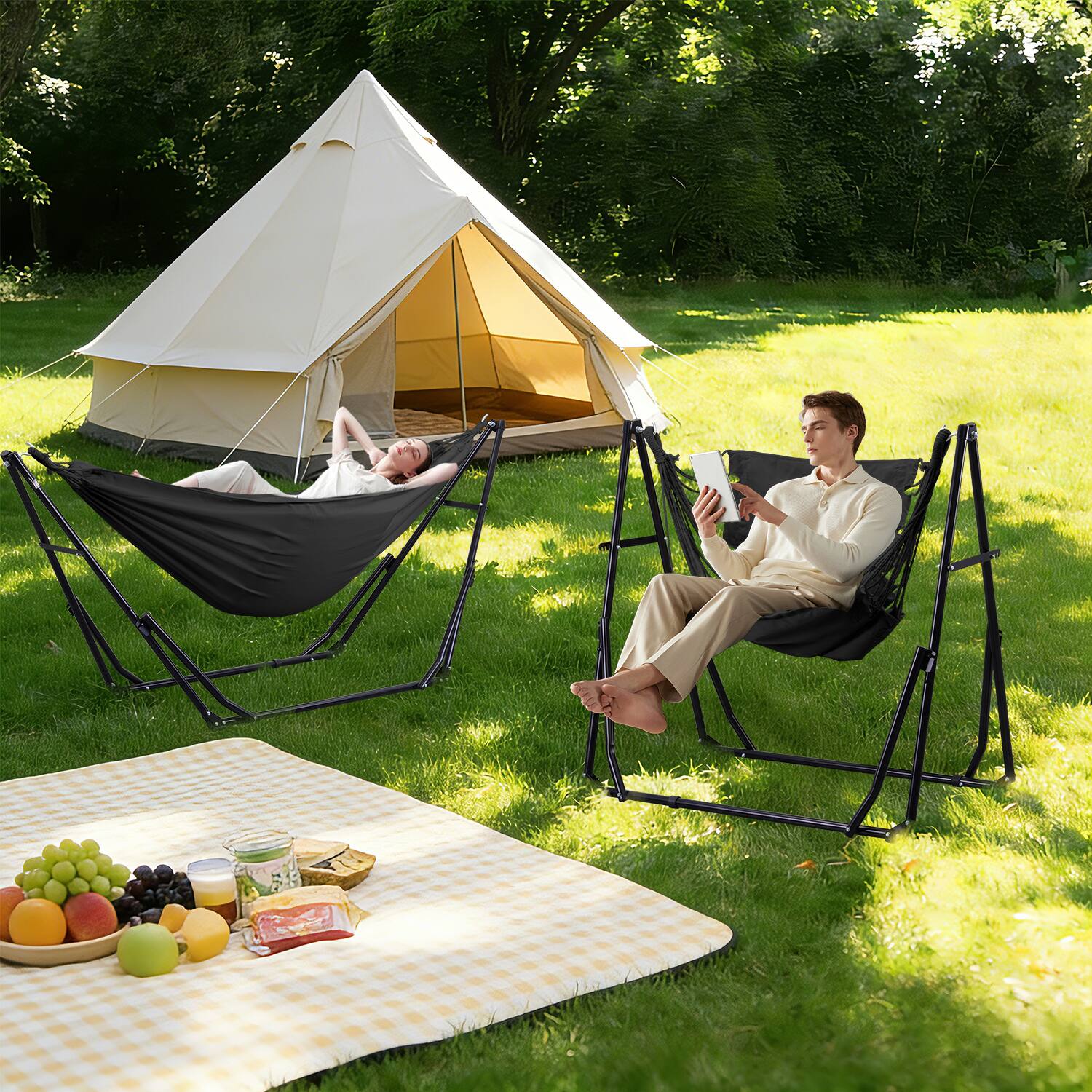 Left. Ainfox - Foldable Hammock with Stand, 2-in-1 Hammock Swing Chair for Outdoor Patio, Portable Heavy Duty with Carrying Bag - gray.