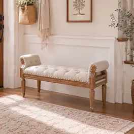 Ropilly - Upholstered Bench Mid-Century Solid Wood Tufted Ottoman End of Bed Bench with Rolled Arms for Bedroom 50in - Beige