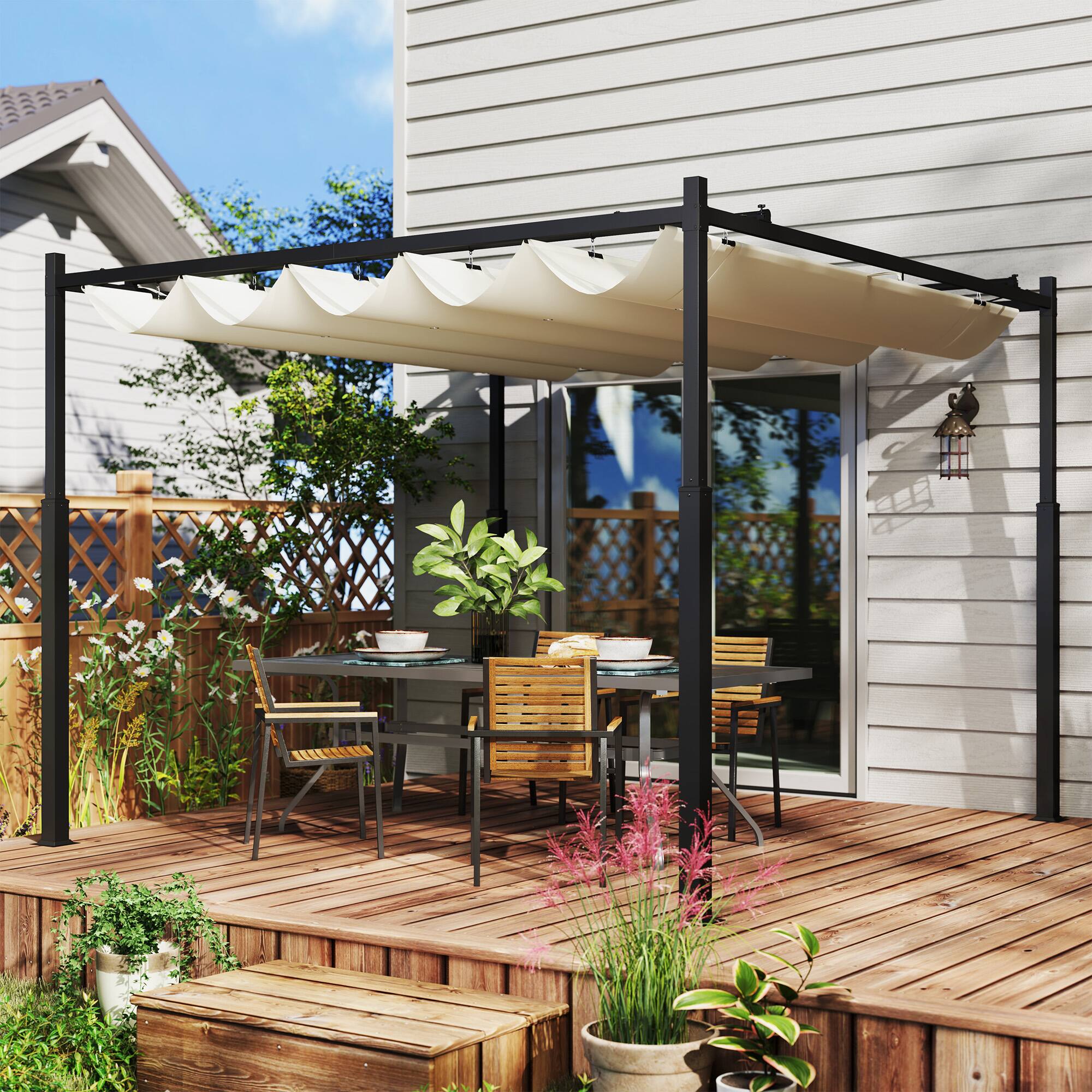 Angle. Outsunny - 10' x 10' Retractable Pergola Canopy with Magnetic Fixture, UPF30+ Outdoor Patio Sun Shade Shelter - Cream White.