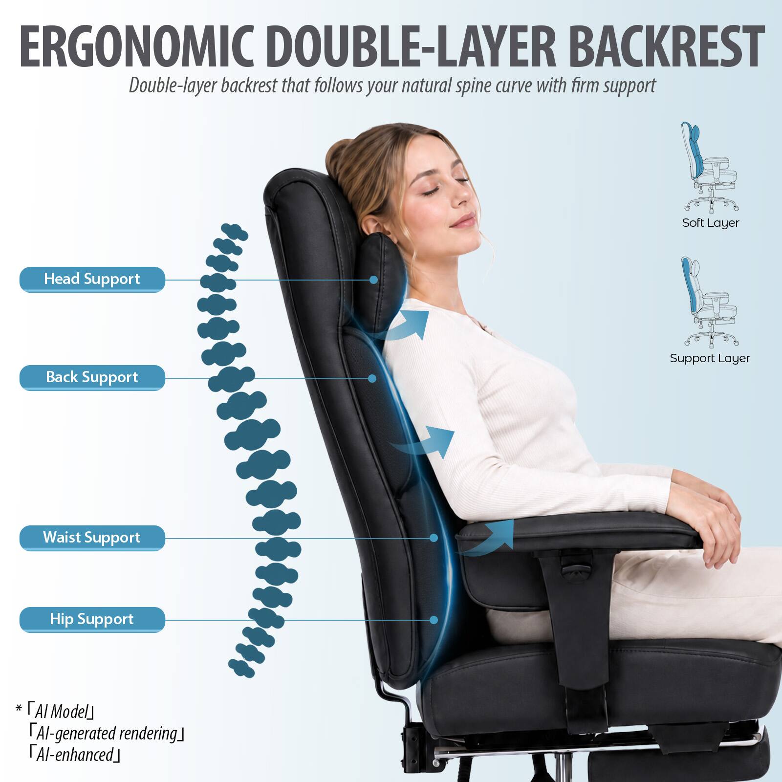ERGONOMIC DOUBLE-LAYER BACKREST

Double-layer backrest that follows your natural spine curve with firm support

- Head Support
- Back Support
- Waist Support
- Hip Support

Soft Layer
Support Layer

* AI Model
* AI-generated rendering
* AI-enhanced