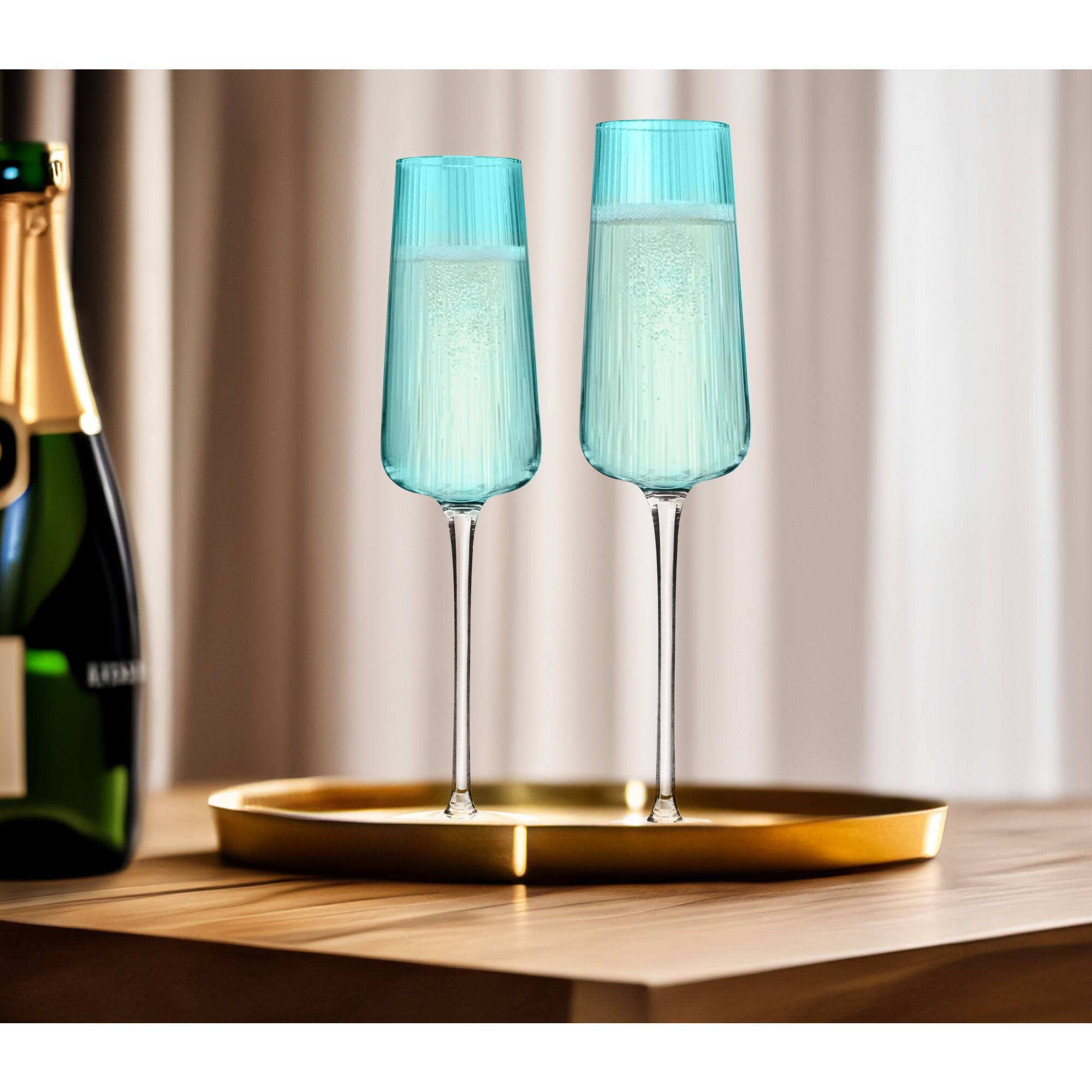 Alt View 4. Artland - Artland Soho Optic 16-Piece Glassware Set, Turquoise (Champagne & Double Old Fashion) - Turquoise.