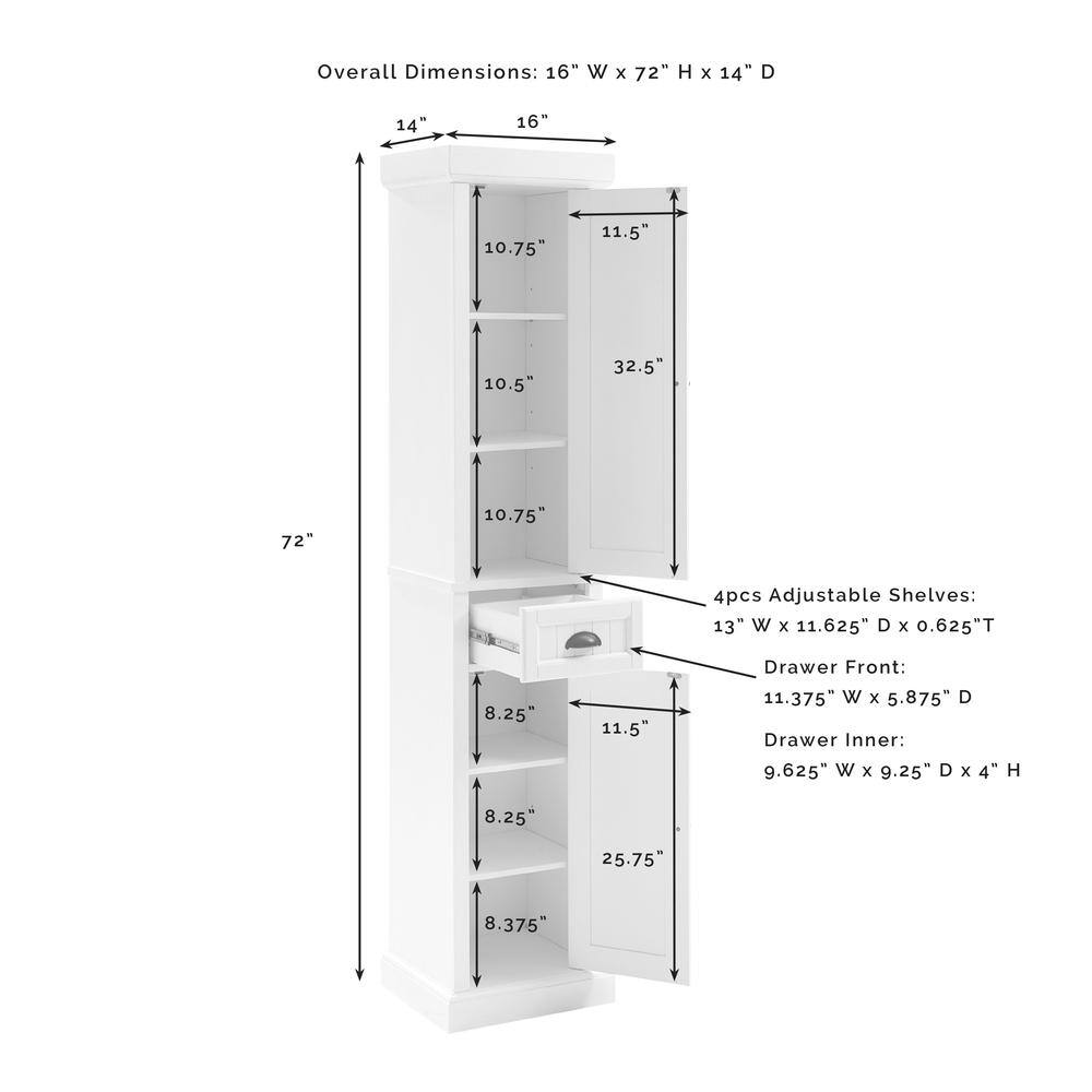 Overall Dimensions: 16" W x 72" H x 14" D

4pcs Adjustable Shelves: 13" W x 11.625" D x 0.625" T

Drawer Front: 11.375" W x 5.875" D

Drawer Inner: 9.625" W x 9.25" D x 4" H