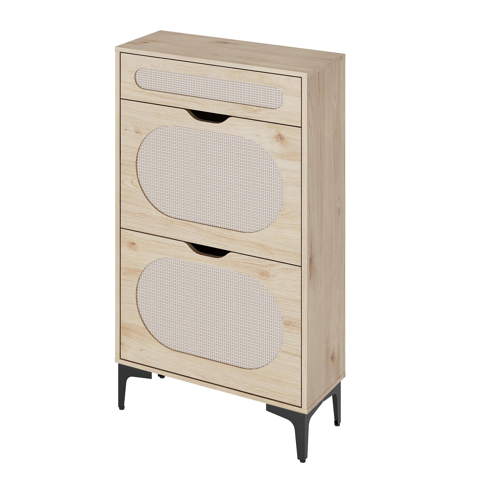 Alt View 4. Babevy - Rattan Shoe Cabinet with 2 Flip Drawers & Pull-Out Drawer, Freestanding Shoe Storage Organizer with Adjustable Shelf - Oak.