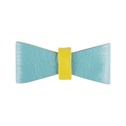 Front. PoisePup - Cute Handmade Genuine Soft Full Grain Leather Dog Bow Tie - Teal | Yellow.