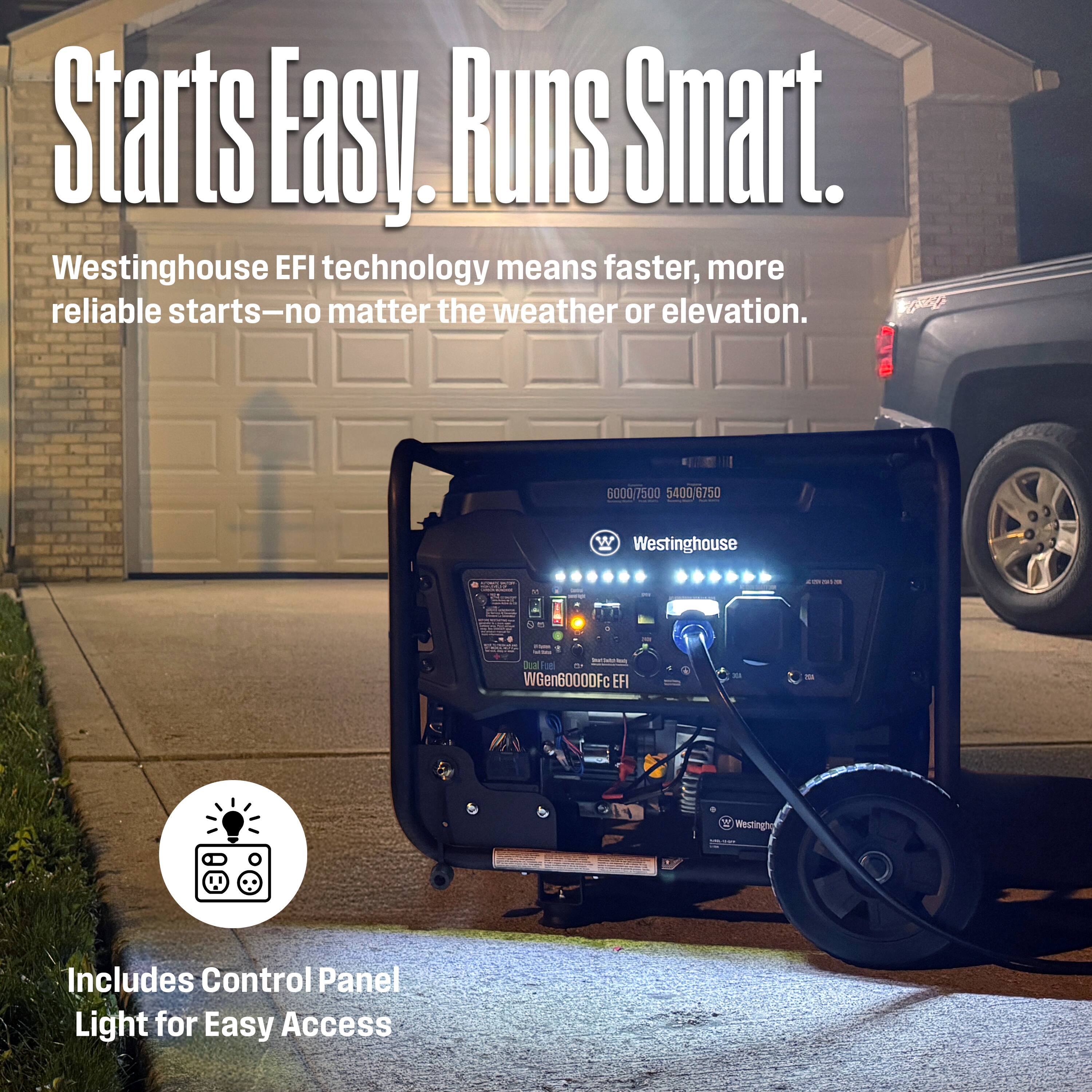 Starts Easy. Runs Smart.  
Westinghouse EFI technology means faster, more reliable starts—no matter the weather or elevation.  
Includes Control Panel Light for Easy Access