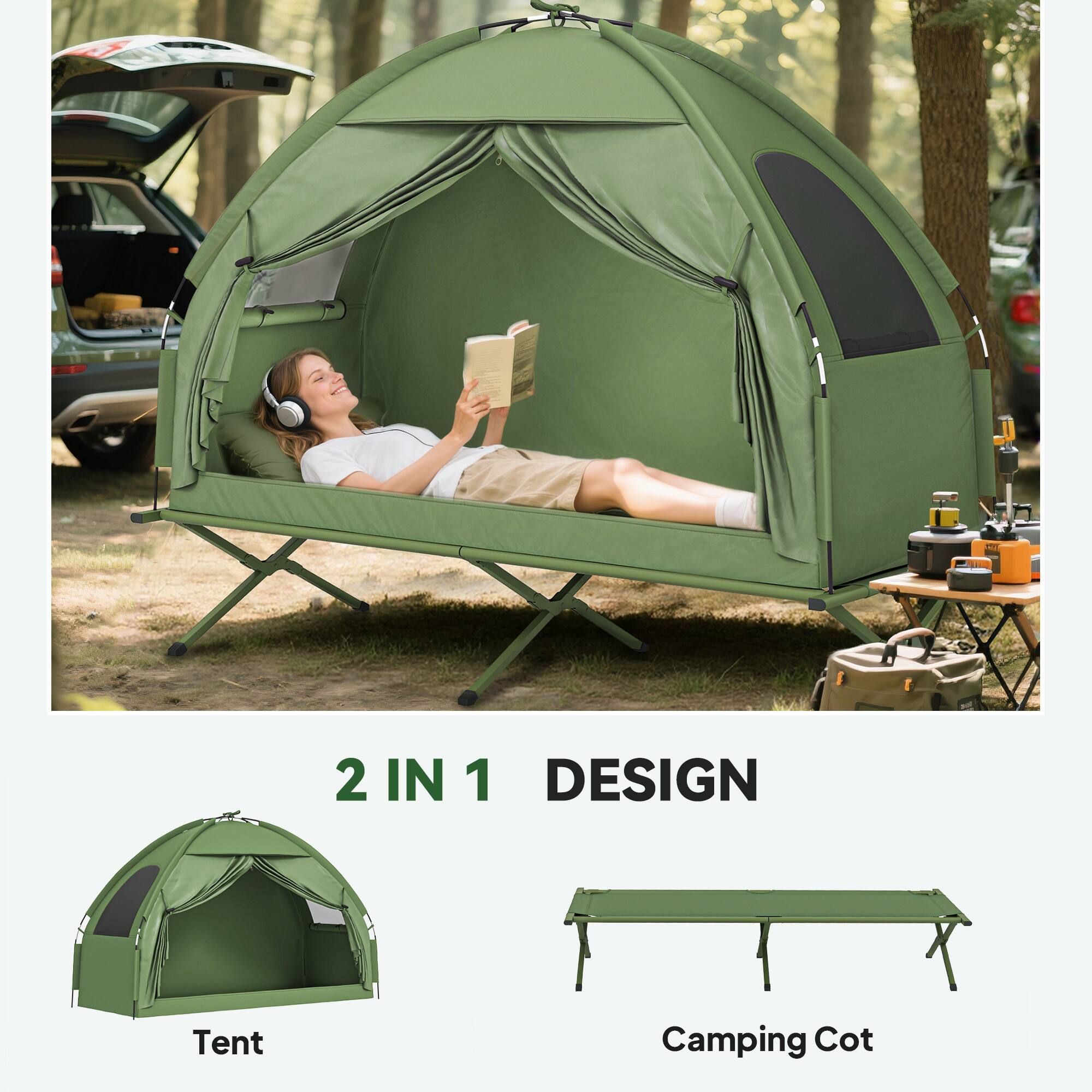 2 IN 1 DESIGN

Tent

Camping Cot