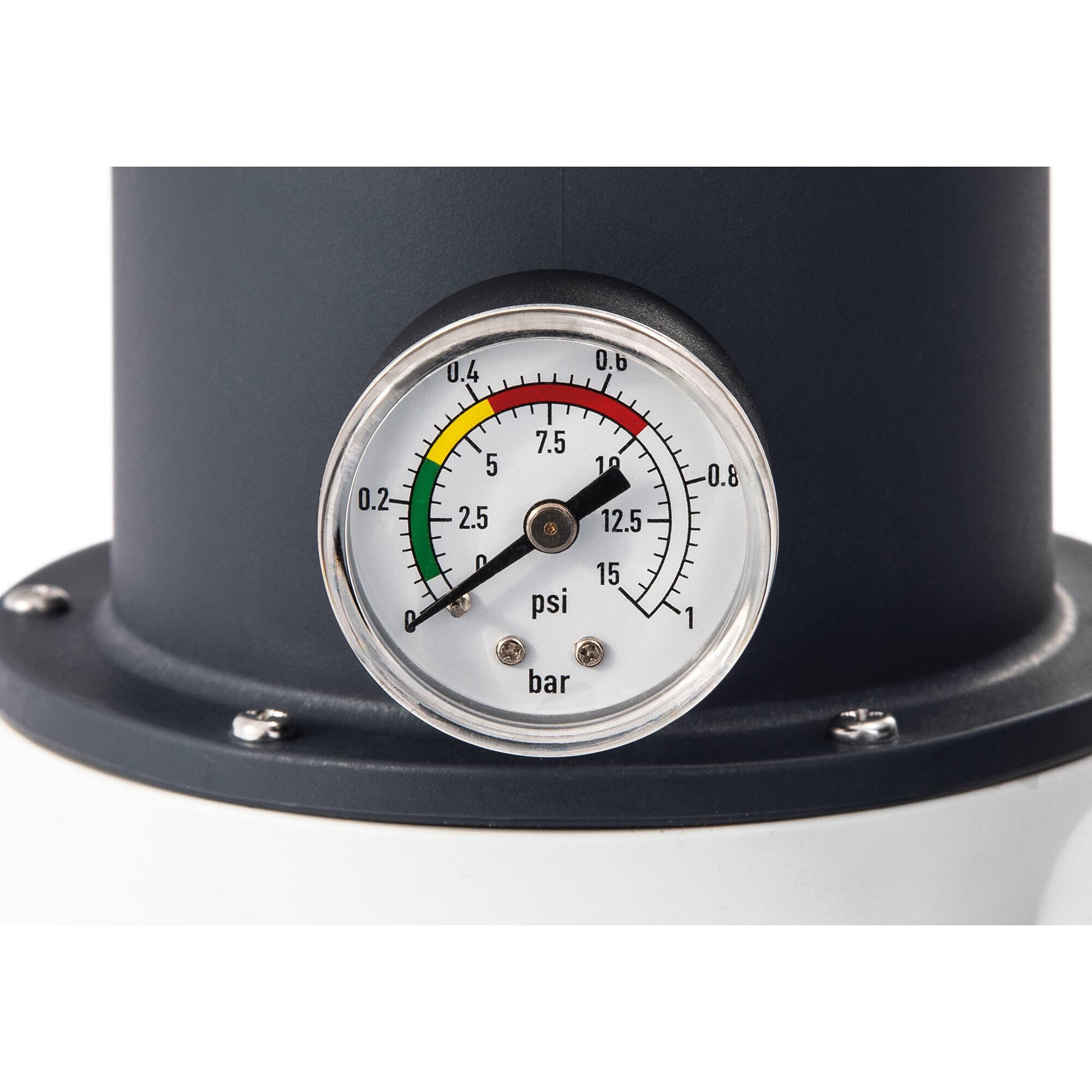 The image shows a gauge with a yellow line in the middle, indicating a value of 12.5. The gauge also has a red line, which could represent a warning or danger level. The gauge is mounted on a blue object, possibly a tank or a machine. The gauge displays the pressure in units of PSI (Pounds per Square Inch) and has a range of 0 to 15 PSI. The gauge is designed to measure the pressure in a system, ensuring that it stays within safe limits.