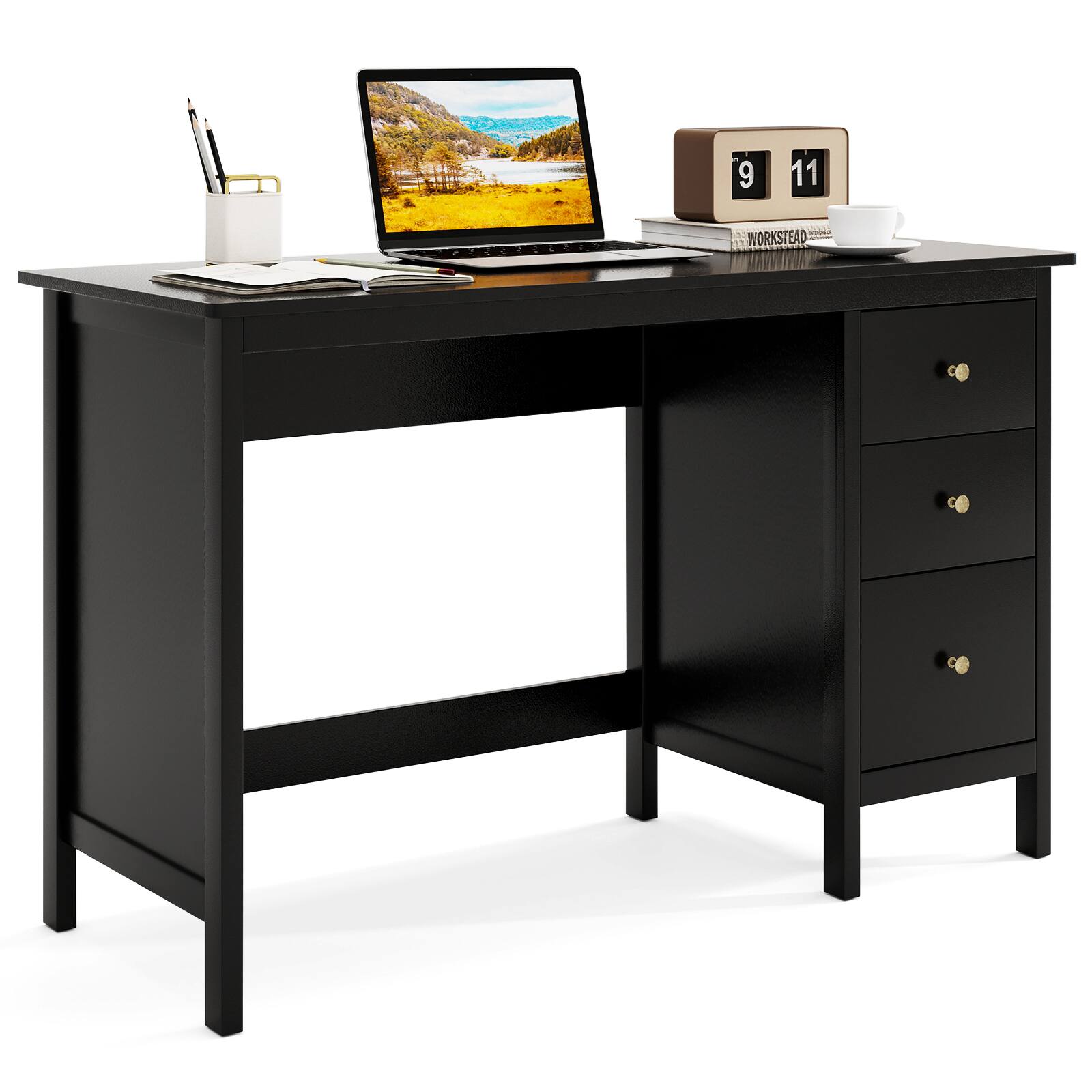 Back. SlickBlue - Modern 3-Drawer Computer Desk with Spacious Top for Home Office & Study - Black.