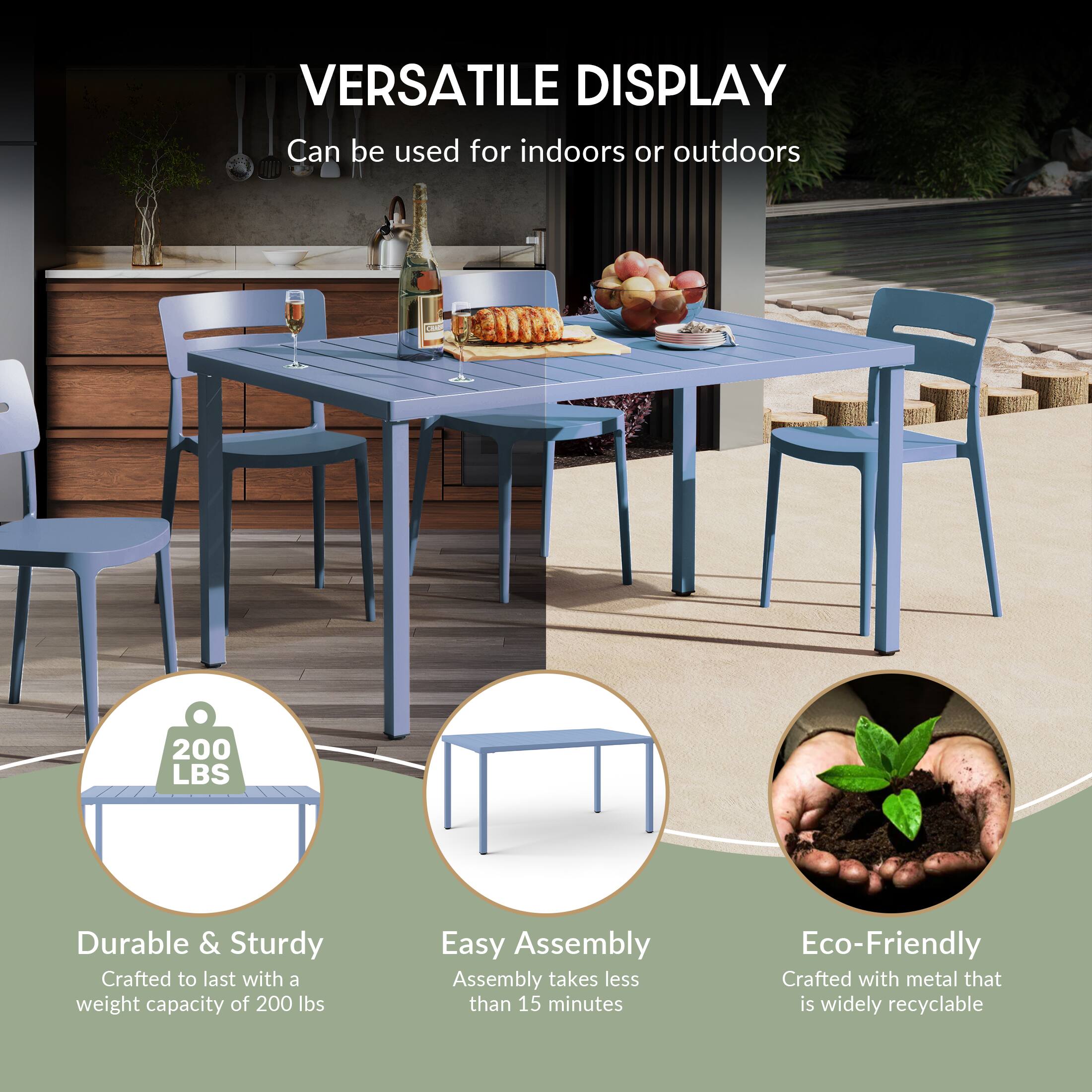 VERSATILE DISPLAY  
Can be used for indoors or outdoors  

200 LBS  
Durable & Sturdy  
Crafted to last with a weight capacity of 200 lbs  

Easy Assembly  
Assembly takes less than 15 minutes  

Eco-Friendly  
Crafted with metal that is widely recyclable