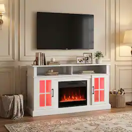 Pefilos - 58 Inch Fireplace TV with LED Entertainment Storage Cabinets for TVs up TV Stand - White