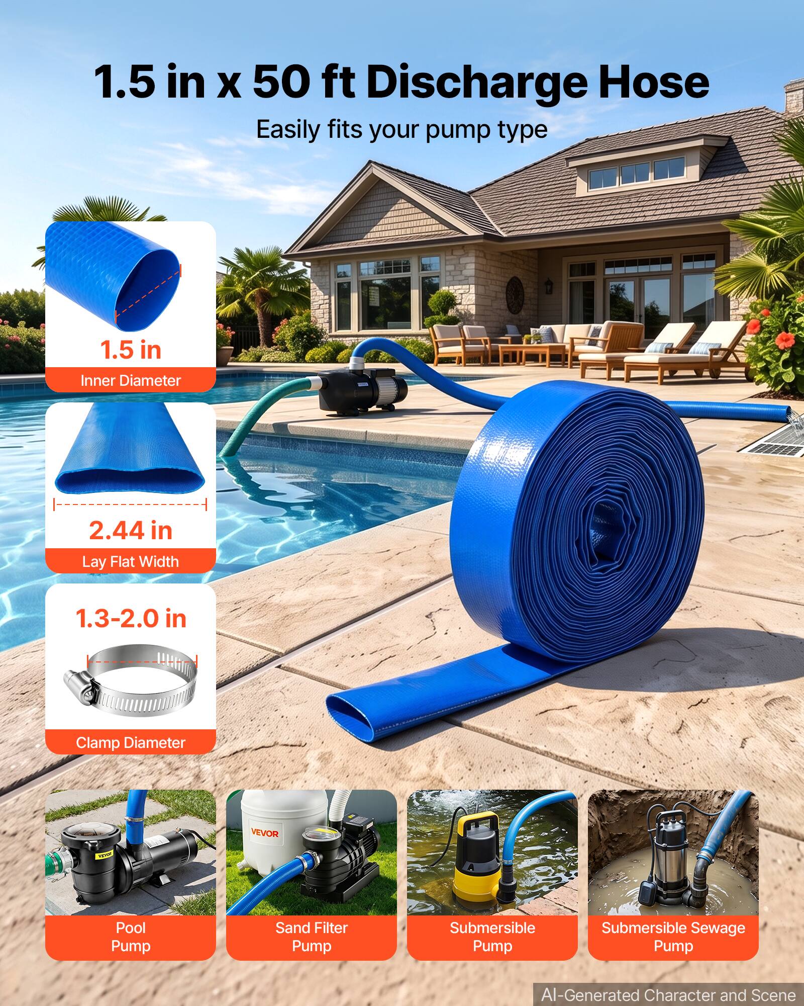 1.5 in x 50 ft Discharge Hose  
Easily fits your pump type

1.5 in Inner Diameter  
2.44 in Lay Flat Width  
1.3-2.0 in Clamp Diameter

VEVOR

Pool Pump  
Sand Filter Pump  
Submersible Pump  
Submersible Sewage Pump

AI-Generated Character and Scene