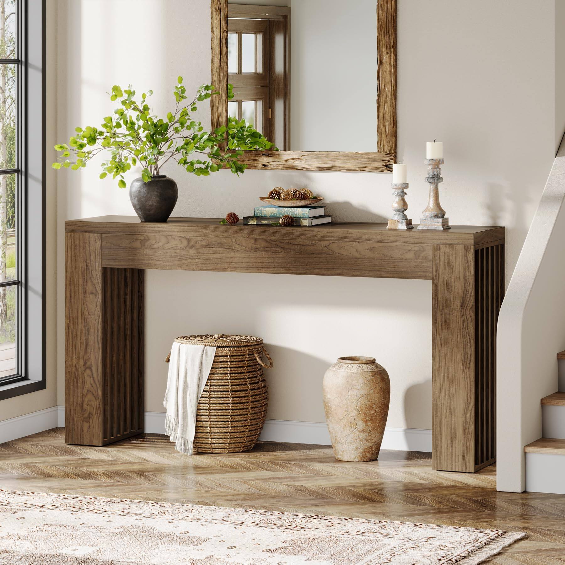Alt View 3. Tribesigns - 59-Inch Console Table for Living Room, Farmhouse Entryway Table with Vertical Slat Legs, Wooden Rectangular Sofa Tables - Rustic Brown.