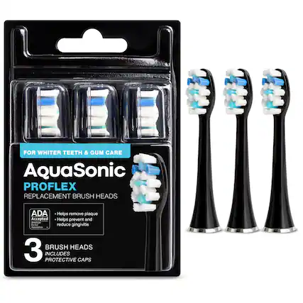 FOR WHITER TEETH & GUM CARE
AquaSonic
PROFLEX
REPLACEMENT BRUSH HEADS
ADA Accepted
American Dental Association
- Helps remove plaque
- Helps prevent and reduce gingivitis
3 BRUSH HEADS
INCLUDES PROTECTIVE CAPS