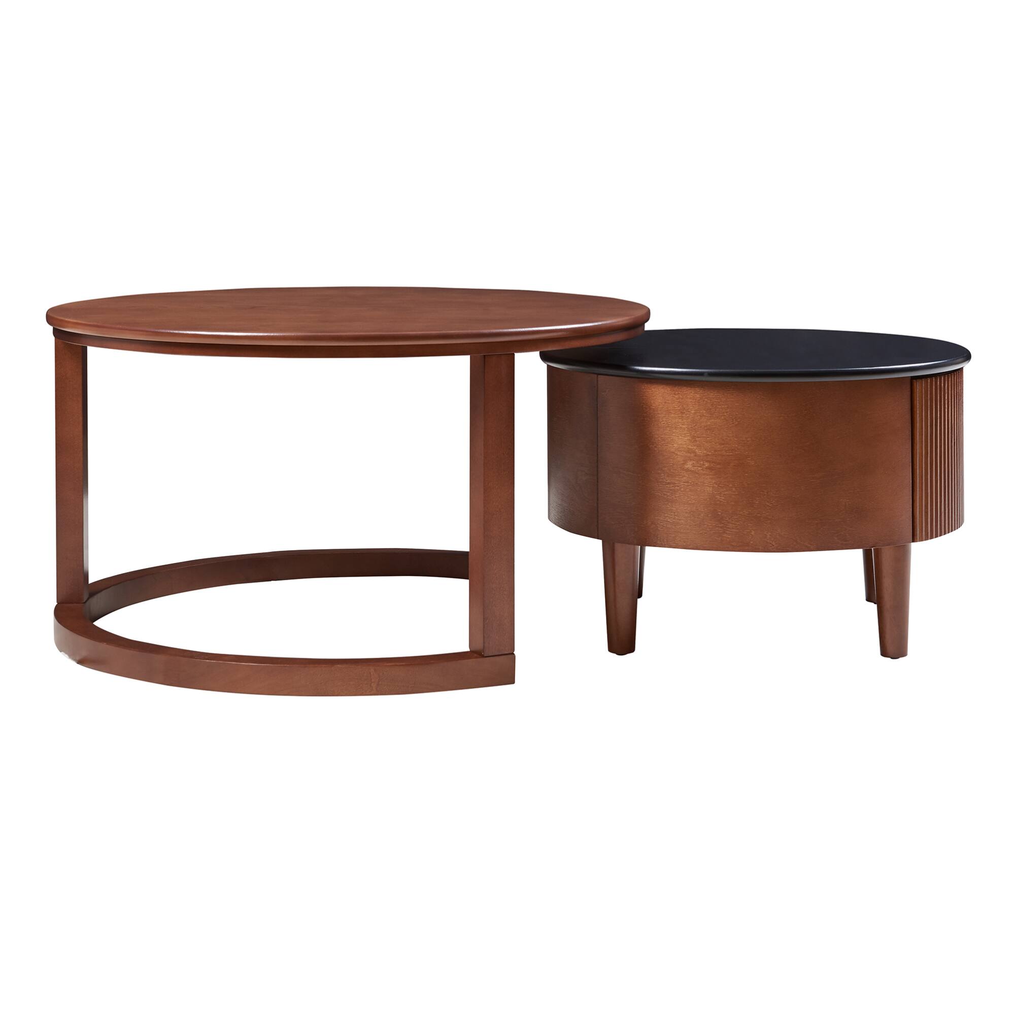 Alt View 7. GOODSILO - Vintage Round Nesting Coffee Table Set with Fluted Drawer in Two-Tone Finish - Walnut.