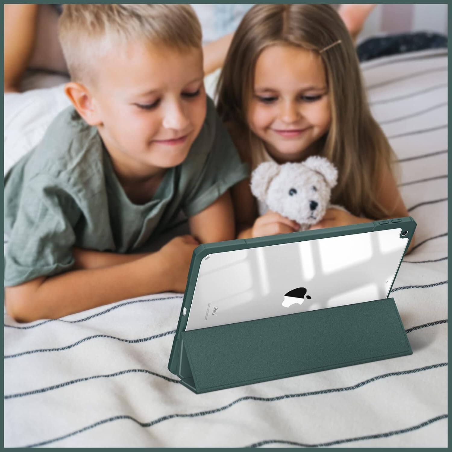 Alt View 5. Fintie - Hybrid Slim Clear Case for iPad 9th / 8th / 7th Generation 10.2 Inch | Shockproof Cover Transparent Back Shell Cover - Midnight Green.