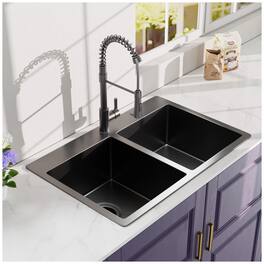 33x22 Inch Double Bowl Topmount Gunmetal 18Gauge Stainless Steel Kitchen Sink with Spring Neck Faucet