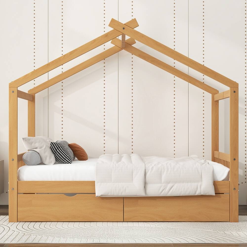 Angle. Loheer - Loheer Full Size House Bed with Drawers, Natural Pine Wood Platform Frame - Natural.