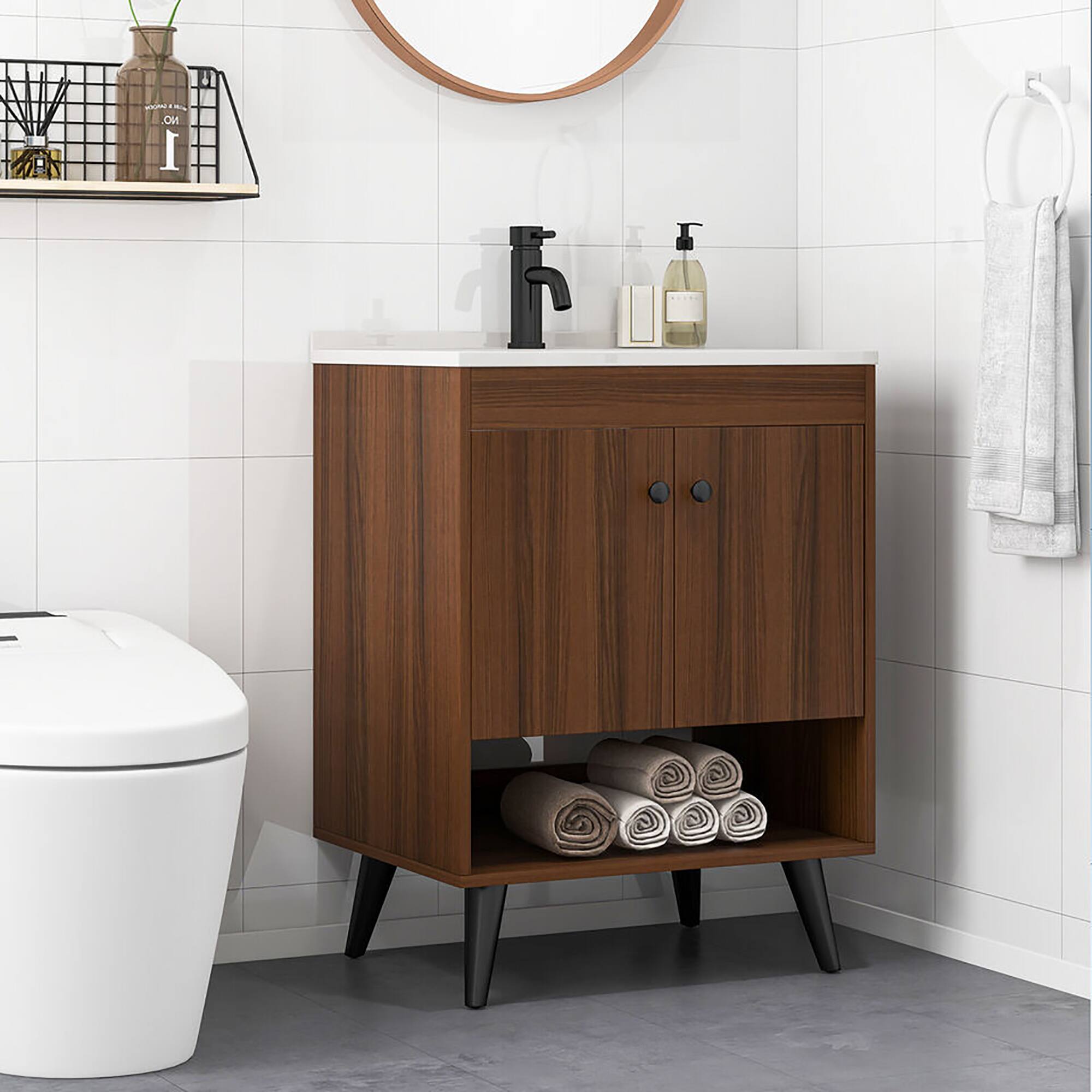 Alt View 1. Gymax - Gymax 25 Inch Wooden Bathroom Vanity Sink Combo with Open Shelf & Sink & Pop Up Drain - Walnut.