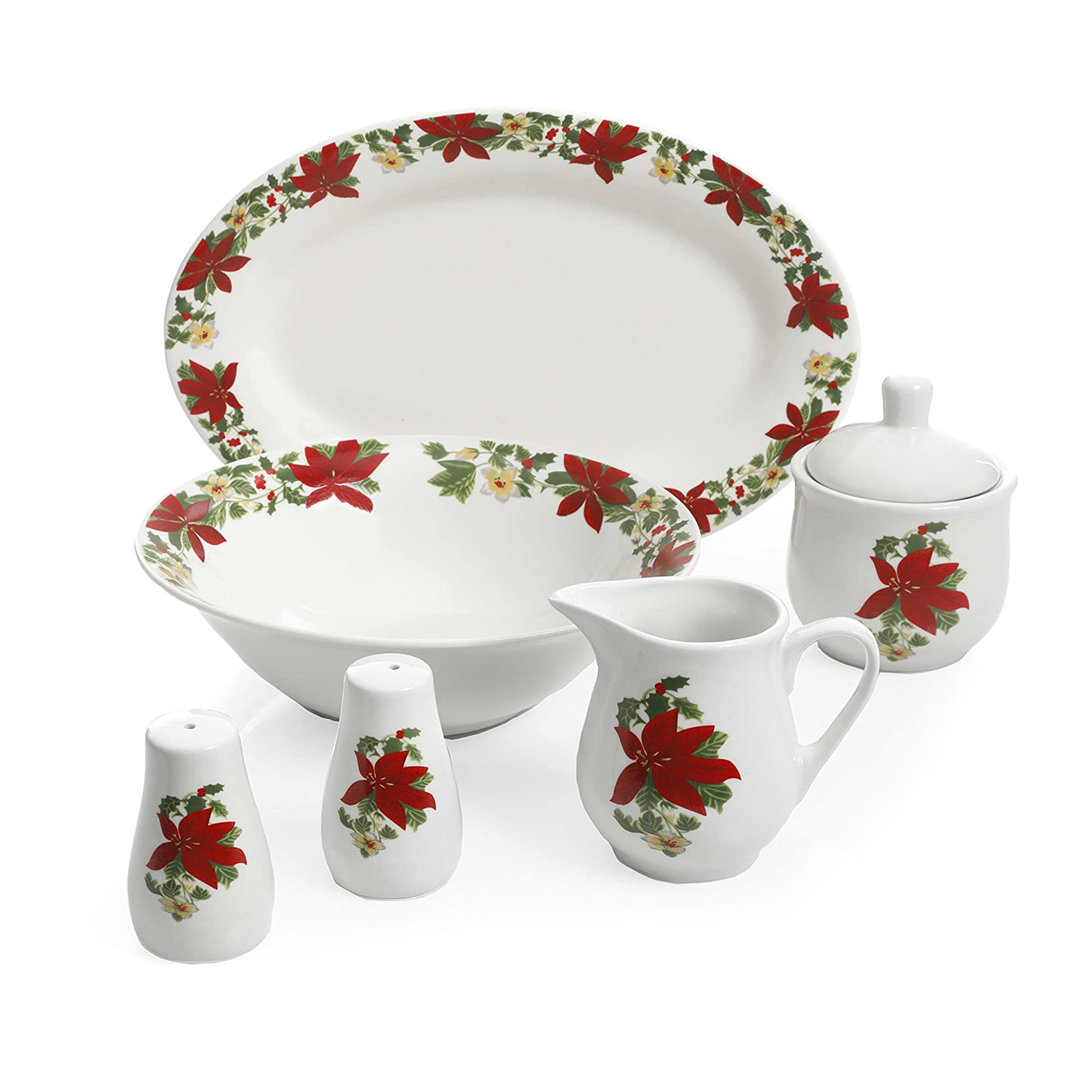 Alt View 6. Gibson - Perfect for Holidays Poinsettia 7 Piece Porcelain Serving Set in Red - Red.