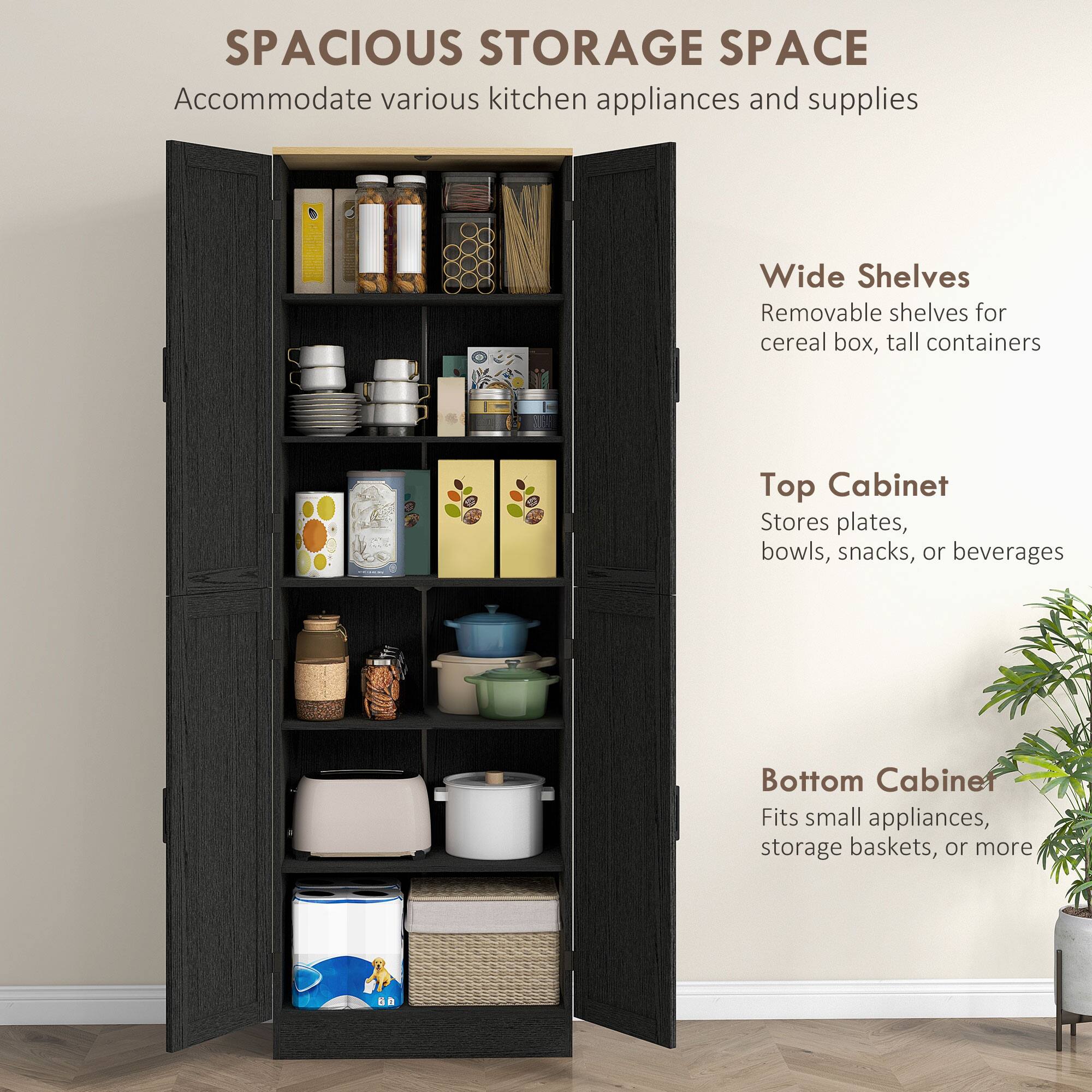 SPACIOUS STORAGE SPACE  
Accommodate various kitchen appliances and supplies  

Wide Shelves  
Removable shelves for cereal box, tall containers  

Top Cabinet  
Stores plates, bowls, snacks, or beverages  

Bottom Cabinet  
Fits small appliances, storage baskets, or more