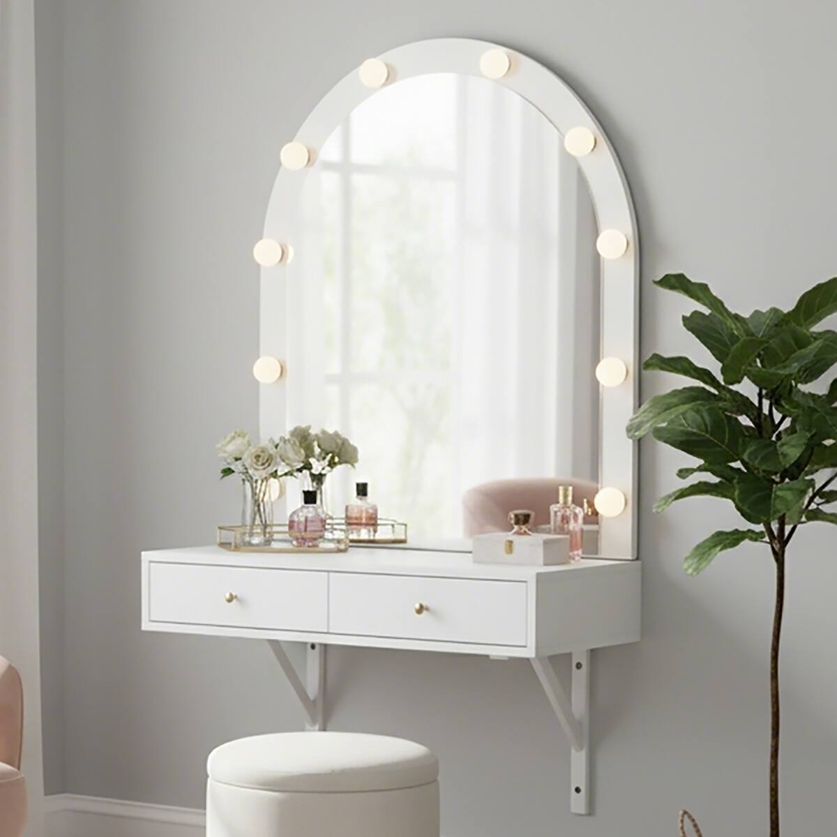 Alt View 10. Loheer - Loheer Floating Makeup Vanity Desk with Mirror and Lights, White Wall Mounted Vanity Desk - White.