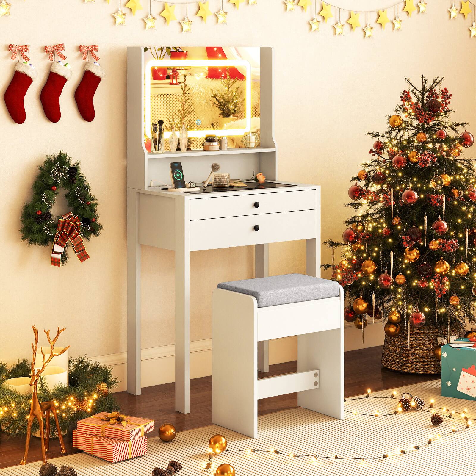 Alt View 3. Gymax - Gymax Small Vanity Desk w/Mirror Lights Charging Station Glass Top Drawers Shelf - White.