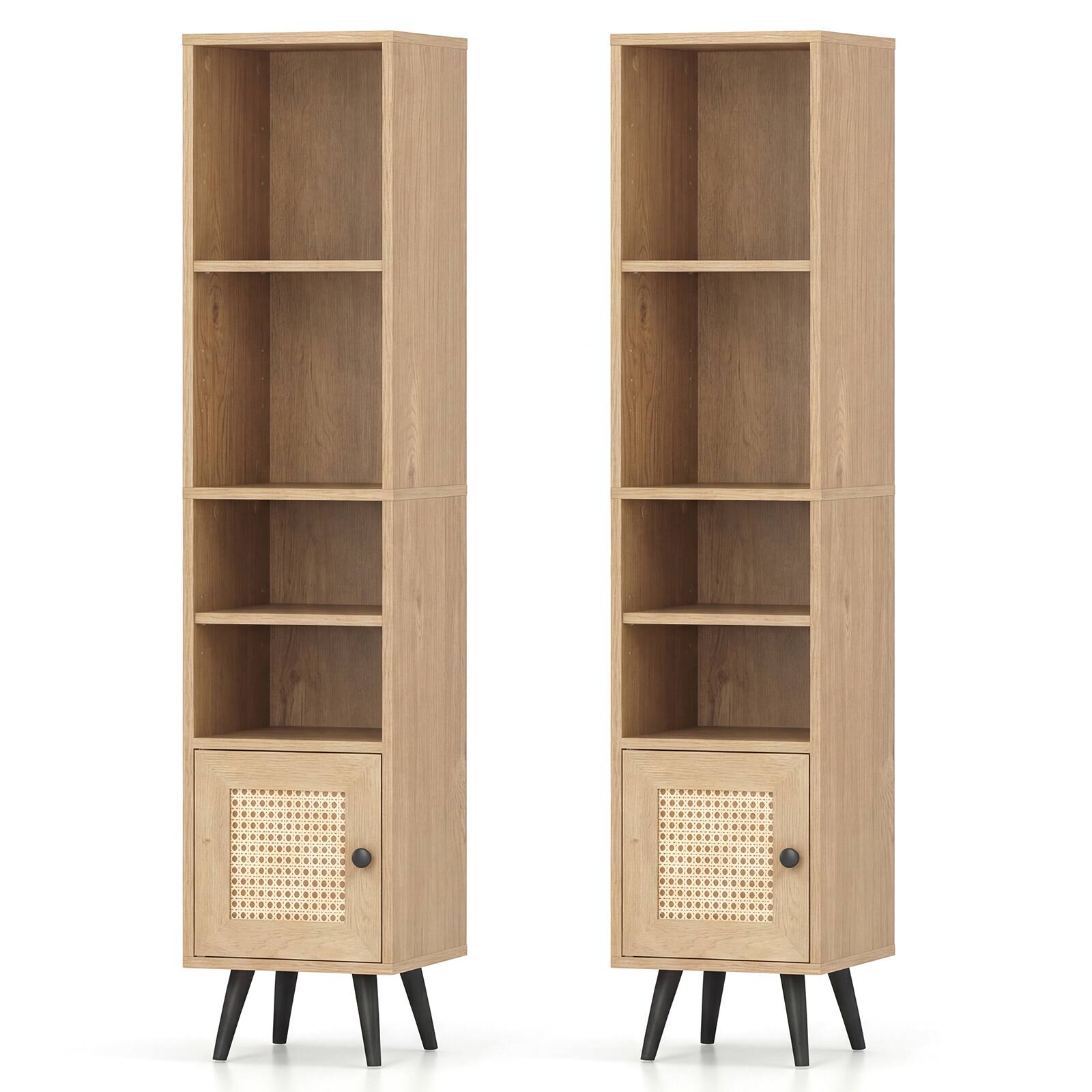 Alt View 9. Gymax - Gymax 2PCS 6-Tier Tall Narrow Bookcase w/Adjustable Shelf & Boho Style Rattan Door - Yellow.