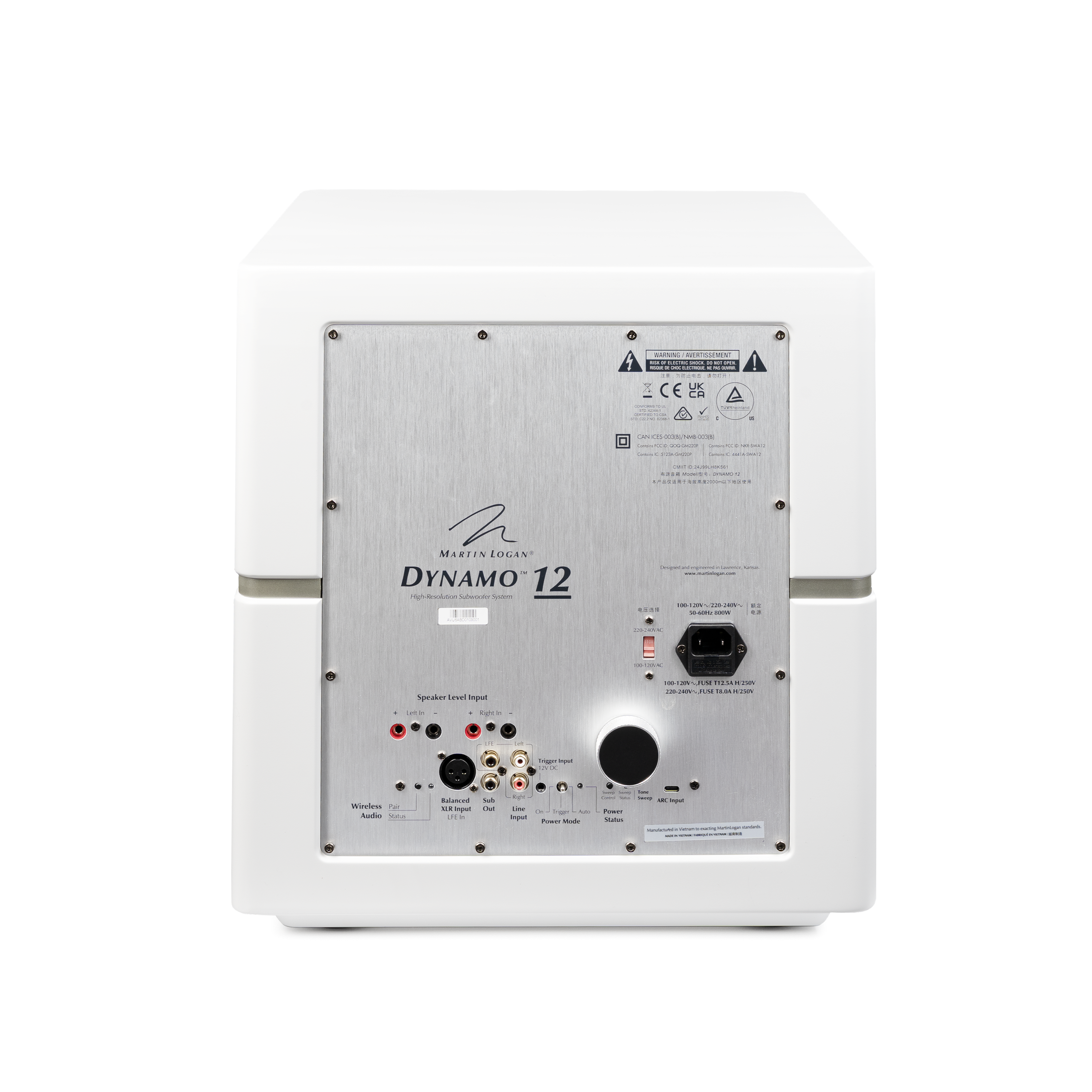 - UK CE
- MARTIN LOGAN DYNAMO 12
- Speaker Level Input
- Trigger Input
- Wireless
- Balanced
- MRL Input
- Out
- Line In
- Power Mode
- Status
- Power
- Earth In
- Earth Out
- 100-240V~ 50/60Hz
- 200-240V~ 50/60Hz