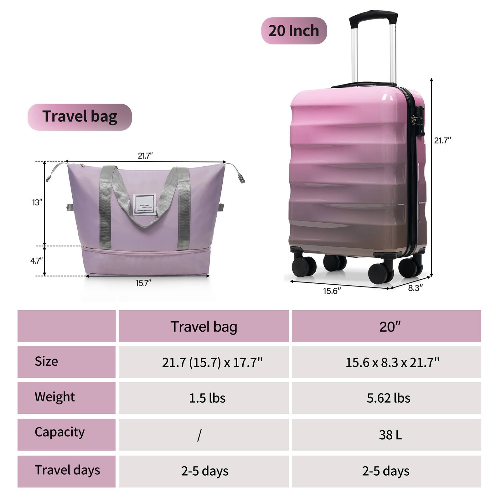 Travel bag

20 Inch

| Travel bag | 20" |
|------------|-----|
| Size       | 21.7 (15.7) x 17.7" | 15.6 x 8.3 x 21.7" |
| Weight     | 1.5 lbs | 5.62 lbs |
| Capacity   | / | 38 L |
| Travel days| 2-5 days | 2-5 days |