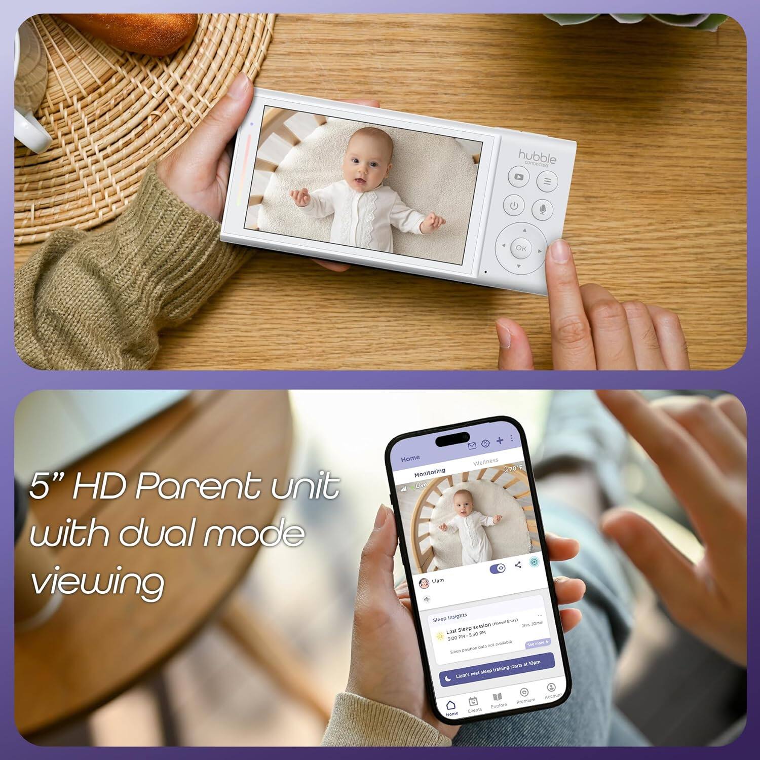 5" HD Parent unit with dual mode viewing

Home Wetness Monitoring

Sleep Monitoring

Liam

Stepo Bed Session: 12:00 PM - 1:00 PM

Liam is not keeping track of sleep at 12:00 PM