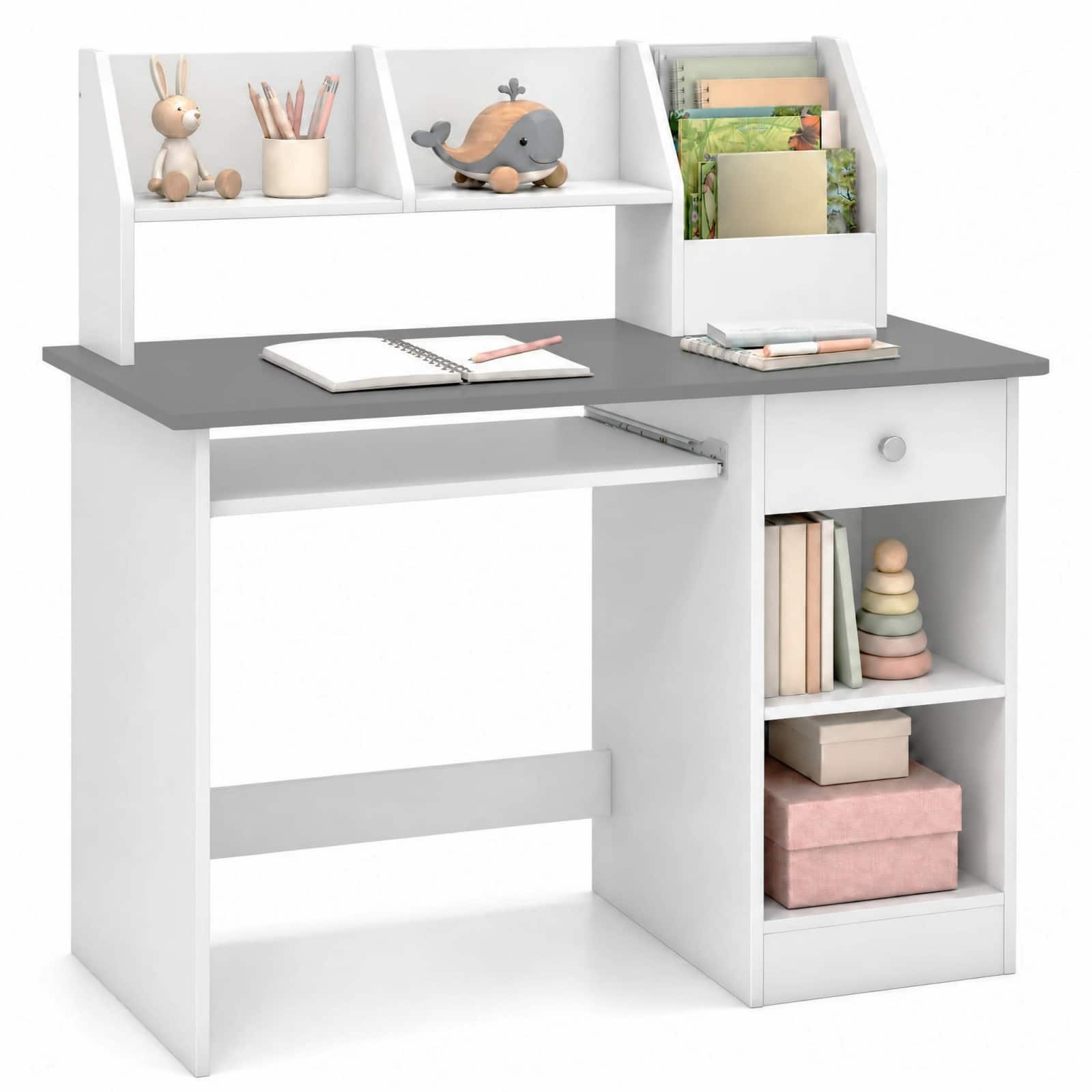Costway - Kids Study Desk with Keyboard Tray & Drawer, Side Bookshelf & Upper Shelves - White + Gray