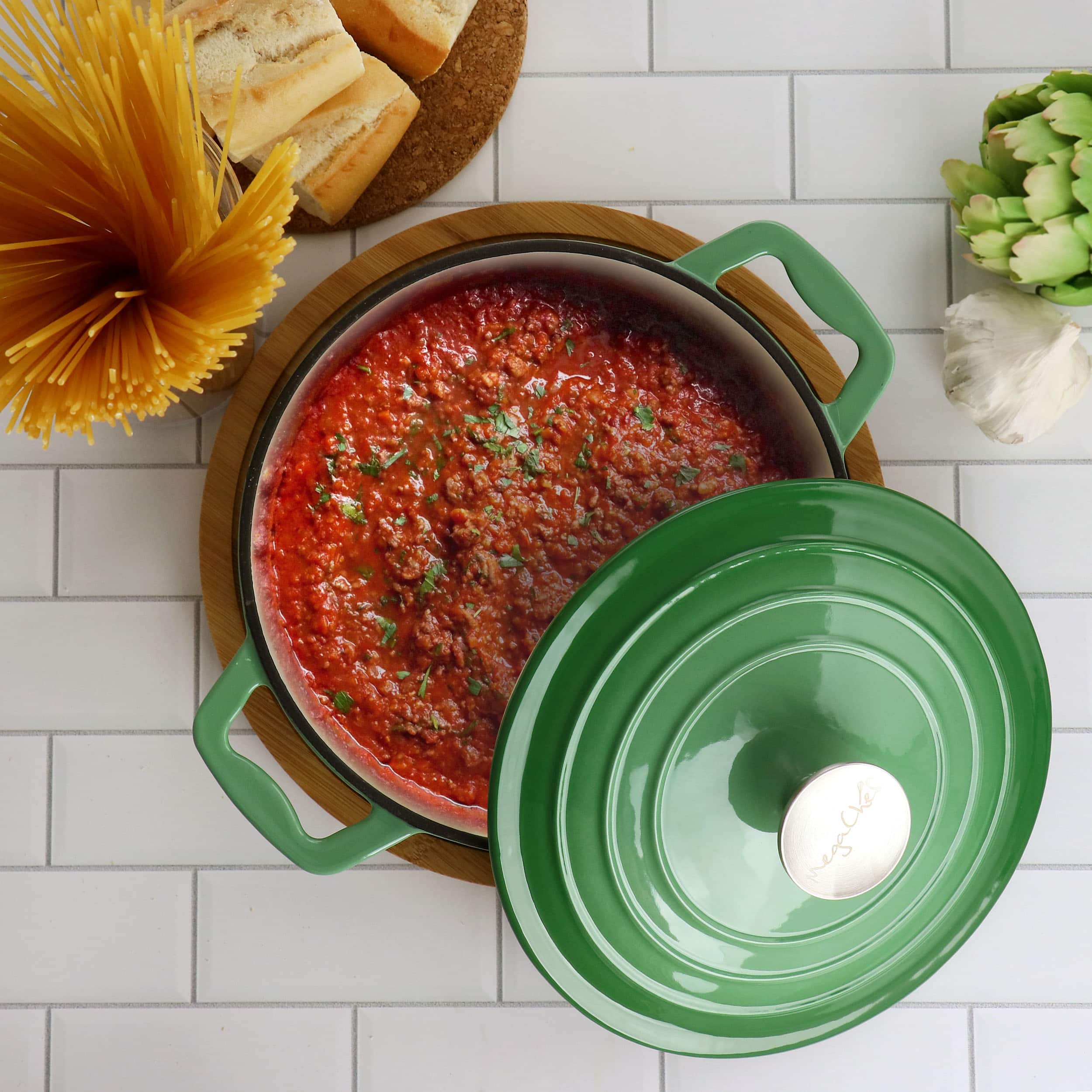 Alt View 6. MegaChef - MegaChef 2 Quart Round Enameled Cast Iron Braiser Pan in Green - Green.