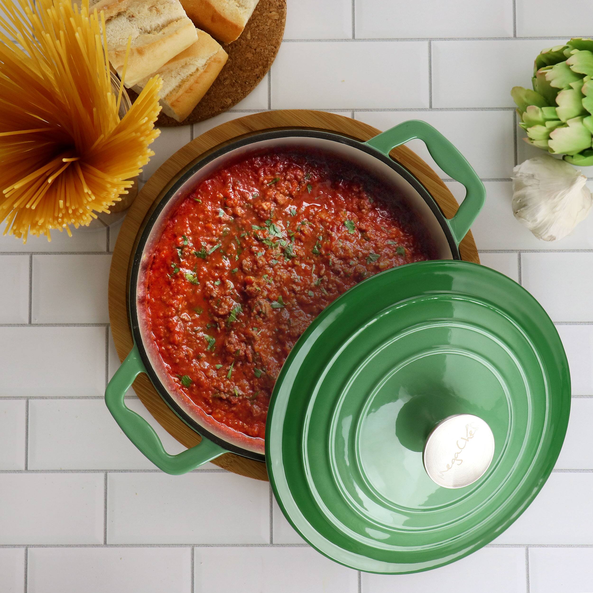 Alt View 6. MegaChef - MegaChef 2 Quart Round Enameled Cast Iron Braiser Pan in Green - Green.