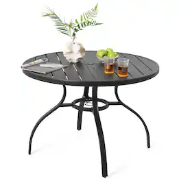 Nuu Garden - Outdoor 41" Round Metal Patio Dining Table with 1.7'' Umbrella Hole, Adjustable Feet and Slatted Tabletop - Black