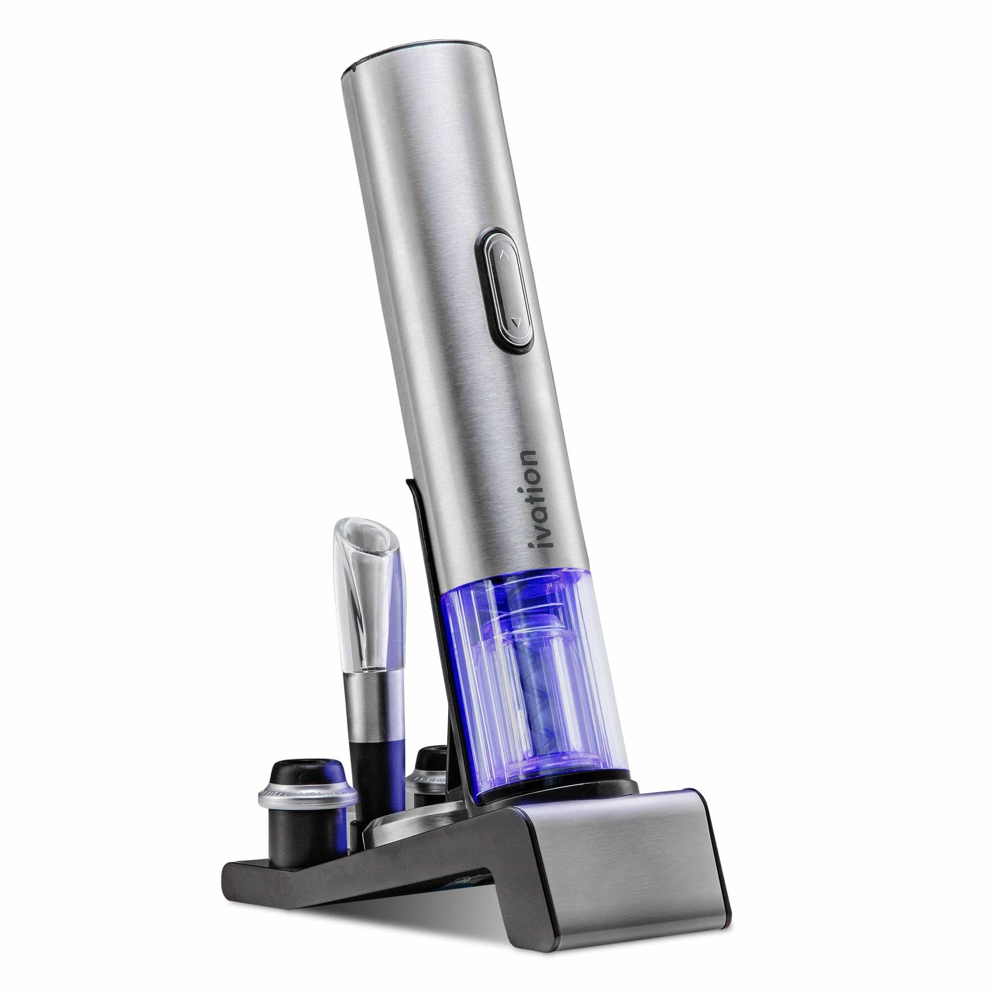 Ivation - 6-in-1 Wine Gift Set W/Bottle Opener, Wine Preserver, Stoppers, Foil Cutter & Charging Base - Silver