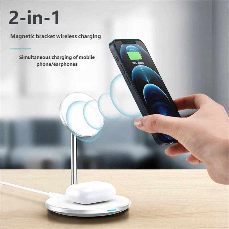 2-in-1 Magnetic bracket wireless charging  
Simultaneous charging of mobile phone/earphones