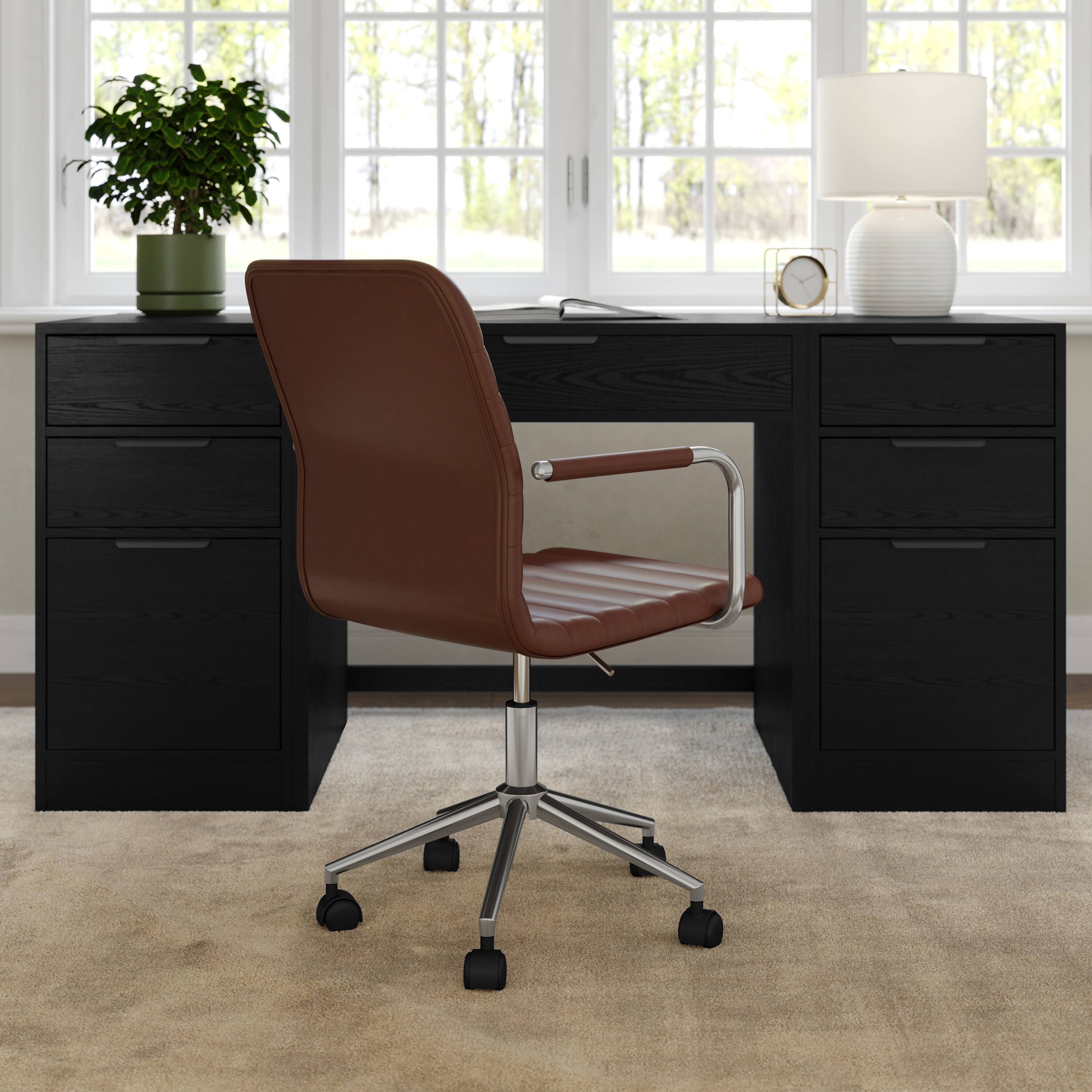 Alt View 5. Martha Stewart - Taytum Upholstered Swivel Home Office Chair with Integrated Armrests - Saddle Brown Faux Leather/Polished Nickel Frame.