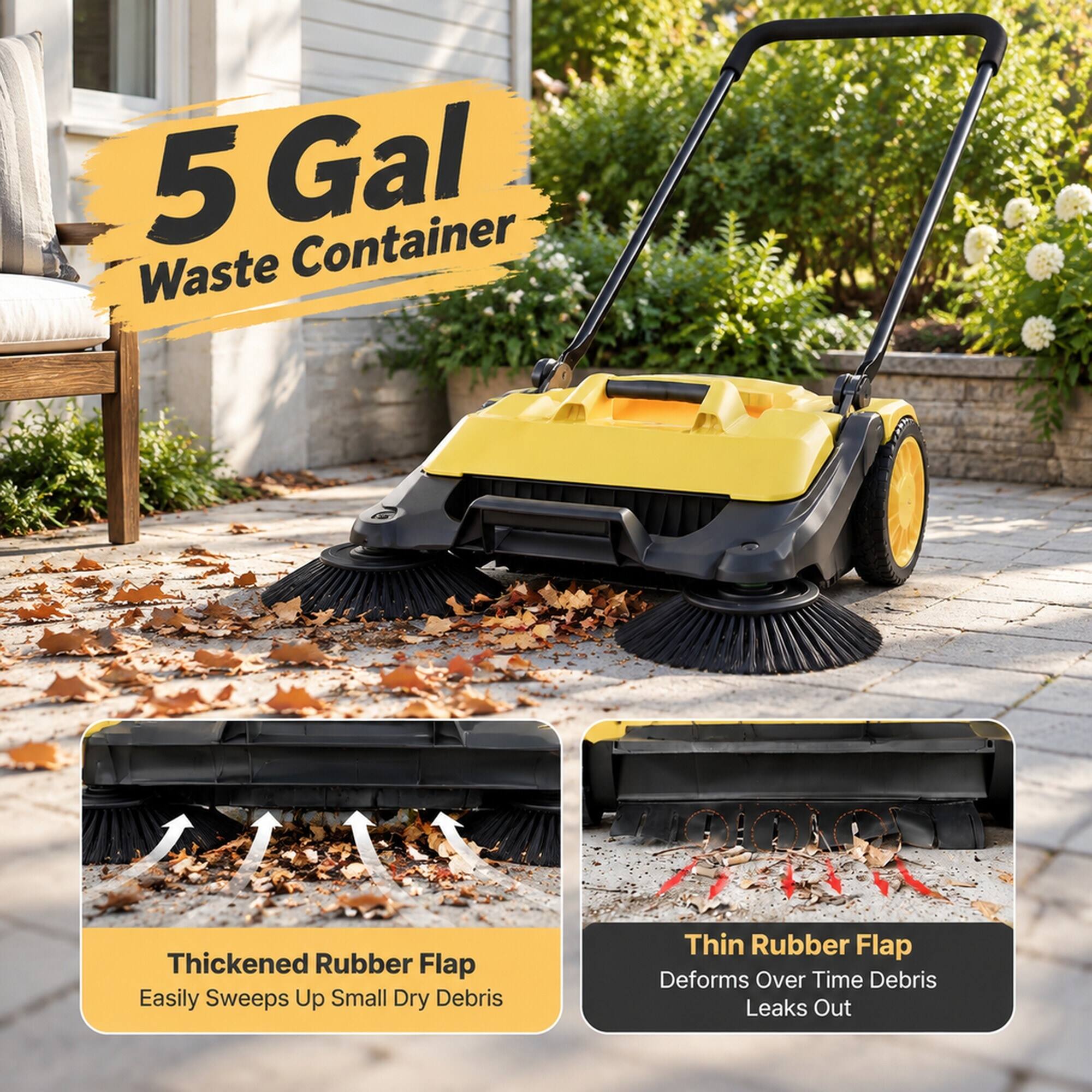 5 Gal Waste Container

Thickened Rubber Flap
Easily Sweeps Up Small Dry Debris

Thin Rubber Flap
Deforms Over Time Debris Leaks Out