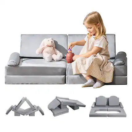 Front. VEVOR - Modular Kids Play Couch, Sectional Toddler Sofa with Armrests, 28D Sponge & Short Pile - Gray.