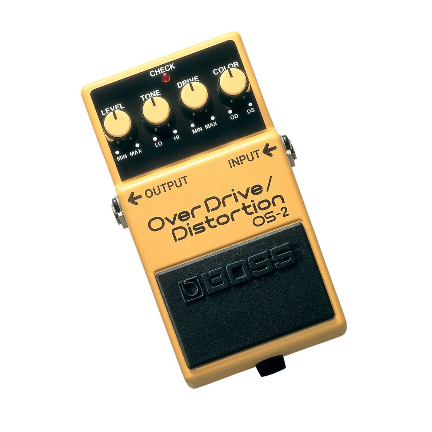 Over Drive / Distortion  
OS-2  
BOSS  

LEVEL  
TONE  
DRIVE  
COLOR  

CHECK  

INPUT  
OUTPUT  

MIN MAX  
LO HI  
OD DS