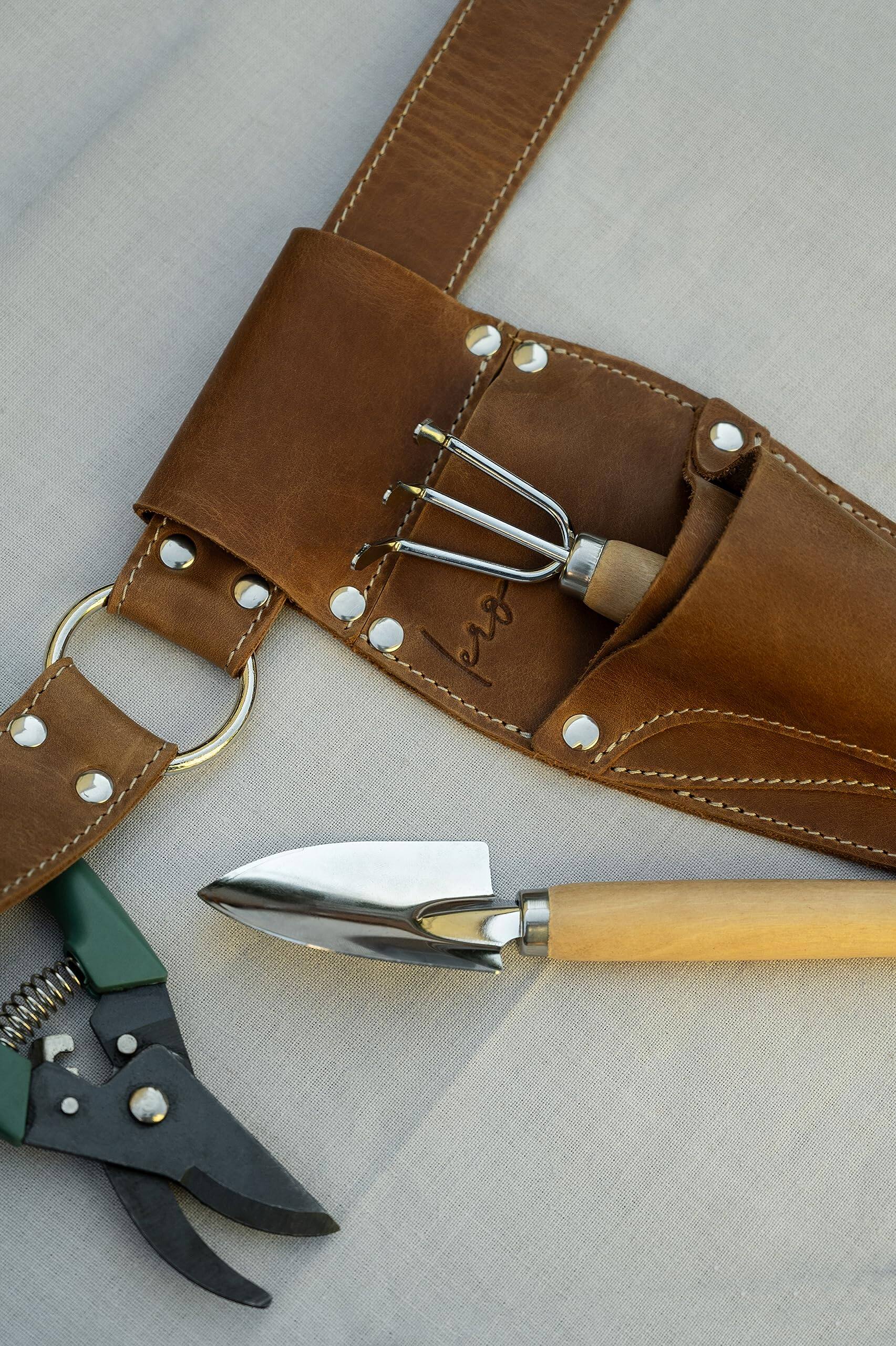 Alt View 3. JETRANSPORT - Hori Leather Sheath Belt With Pruner And Scissor Pockets. Personalized Florist Tool  Gardening 3 pocket - hand - Brown one size.