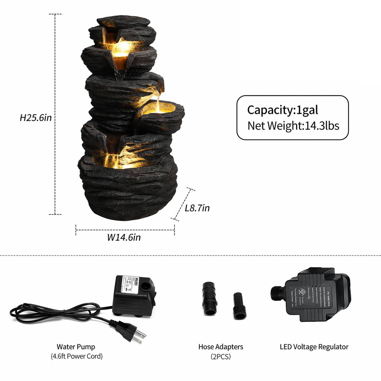 H25.6in  
Capacity: 1gal  
Net Weight: 14.3lbs  
L8.7in  
W14.6in  

Water Pump (4.6ft Power Cord)  
Hose Adapters (2PCS)  
LED Voltage Regulator