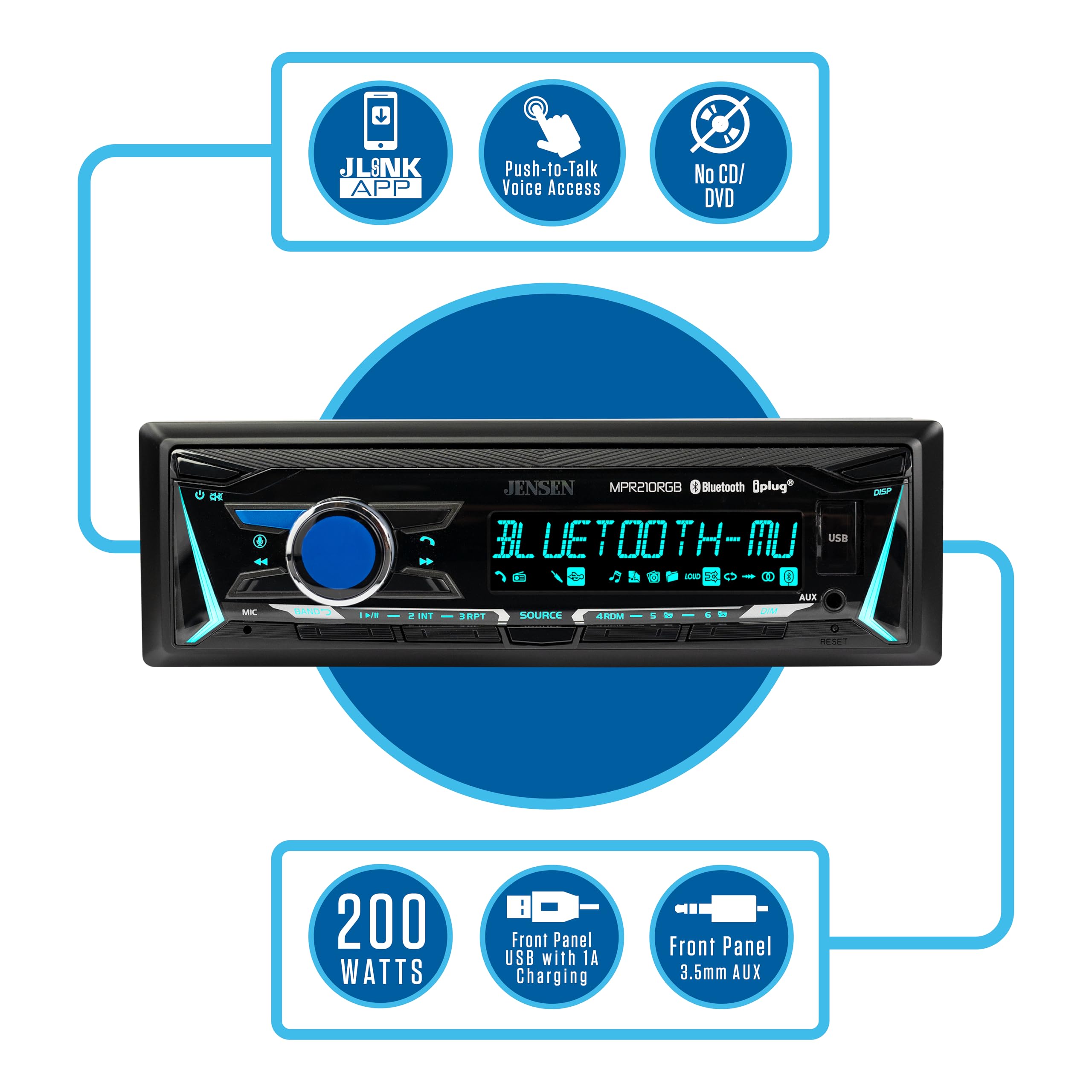 JLINK APP, Push-to-Talk Voice Access, No CD/DVD, BLUETOOTH-MU, 200 WATTS, Front Panel USB with 1A Charging, Front Panel 3.5mm AUX