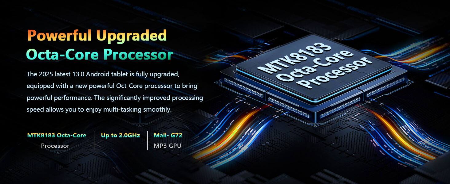 Powerful Upgraded Octa-Core Processor

The 2025 latest 13.0 Android tablet is fully upgraded, equipped with a new powerful Octa-Core processor to bring powerful performance. The significantly improved processing speed allows you to enjoy multi-tasking smoothly.

MTK8183 Octa-Core Processor  
Up to 2.0GHz  
Mali-G72 MP3 GPU