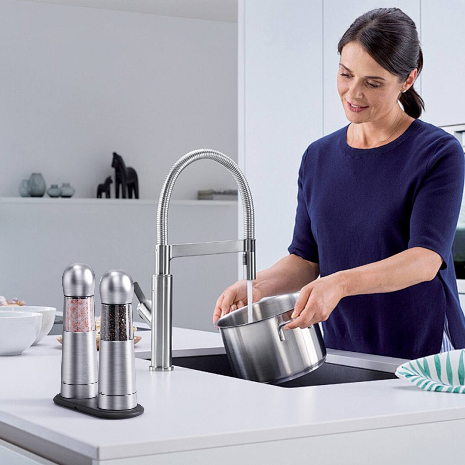 Back. Cospro - Electric Salt and Pepper 2 Grinder Set - Stainless Steel.