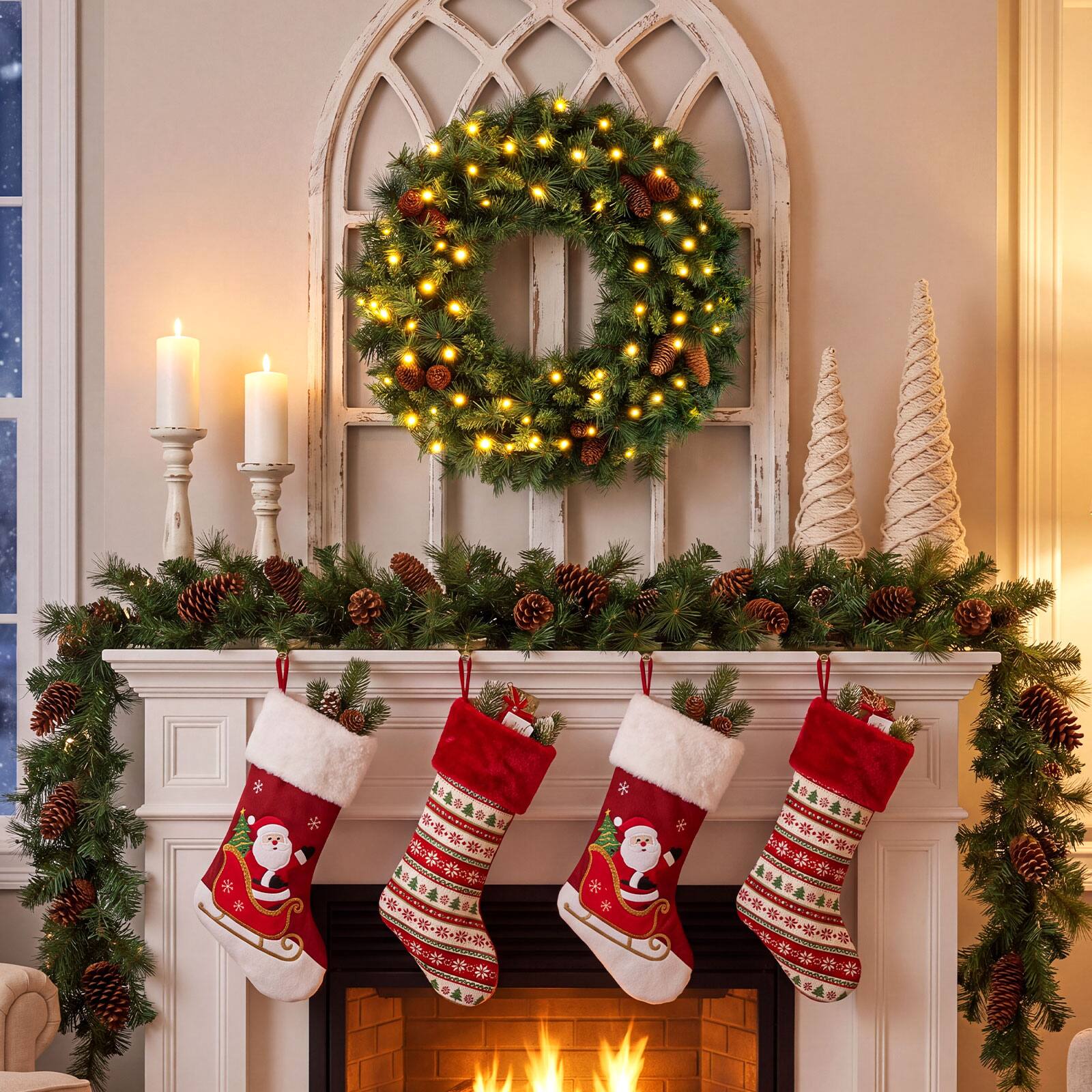 Alt View 4. Costway - Costway 1 PCS Pre-Lit Christmas Wreath with 143 Full Branch Tips 10 Pine Cones 50 LED Lights - Green.