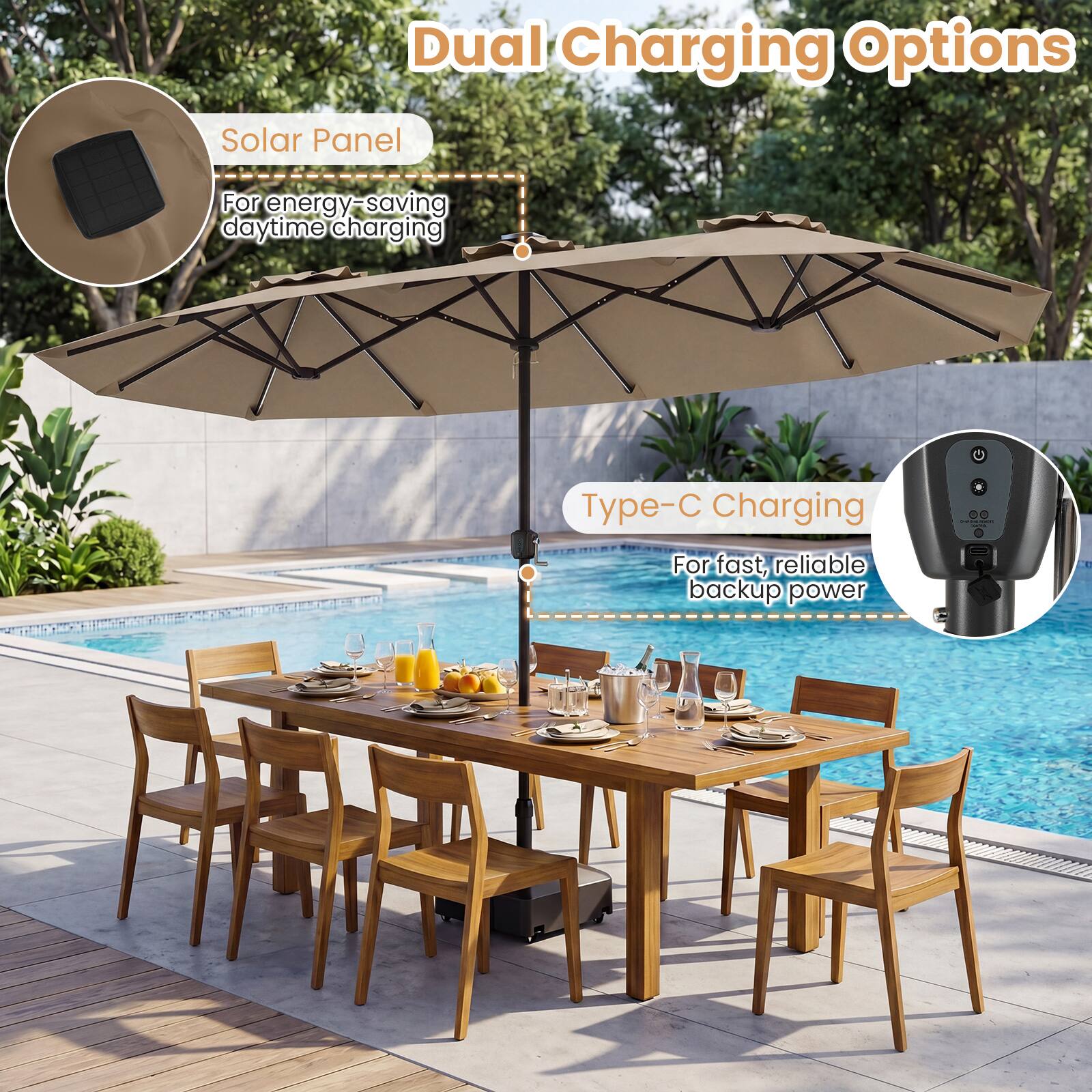 Dual Charging Options  
Solar Panel  
For energy-saving daytime charging  
Type-C Charging  
For fast, reliable backup power