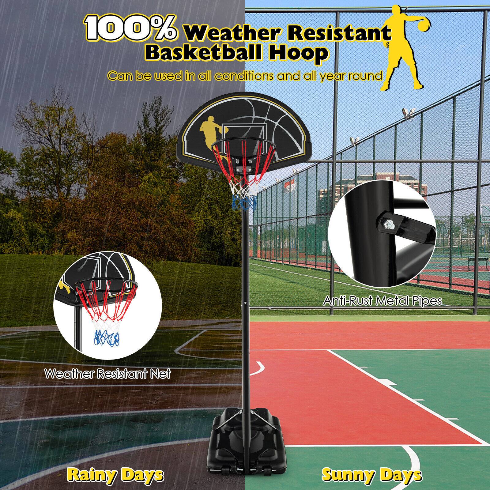 100% Weather Resistant Basketball Hoop  
Can be used in all conditions and all year round  

Anti-Rust Metal Pipes  
Weather Resistant Net  

Rainy Days  
Sunny Days