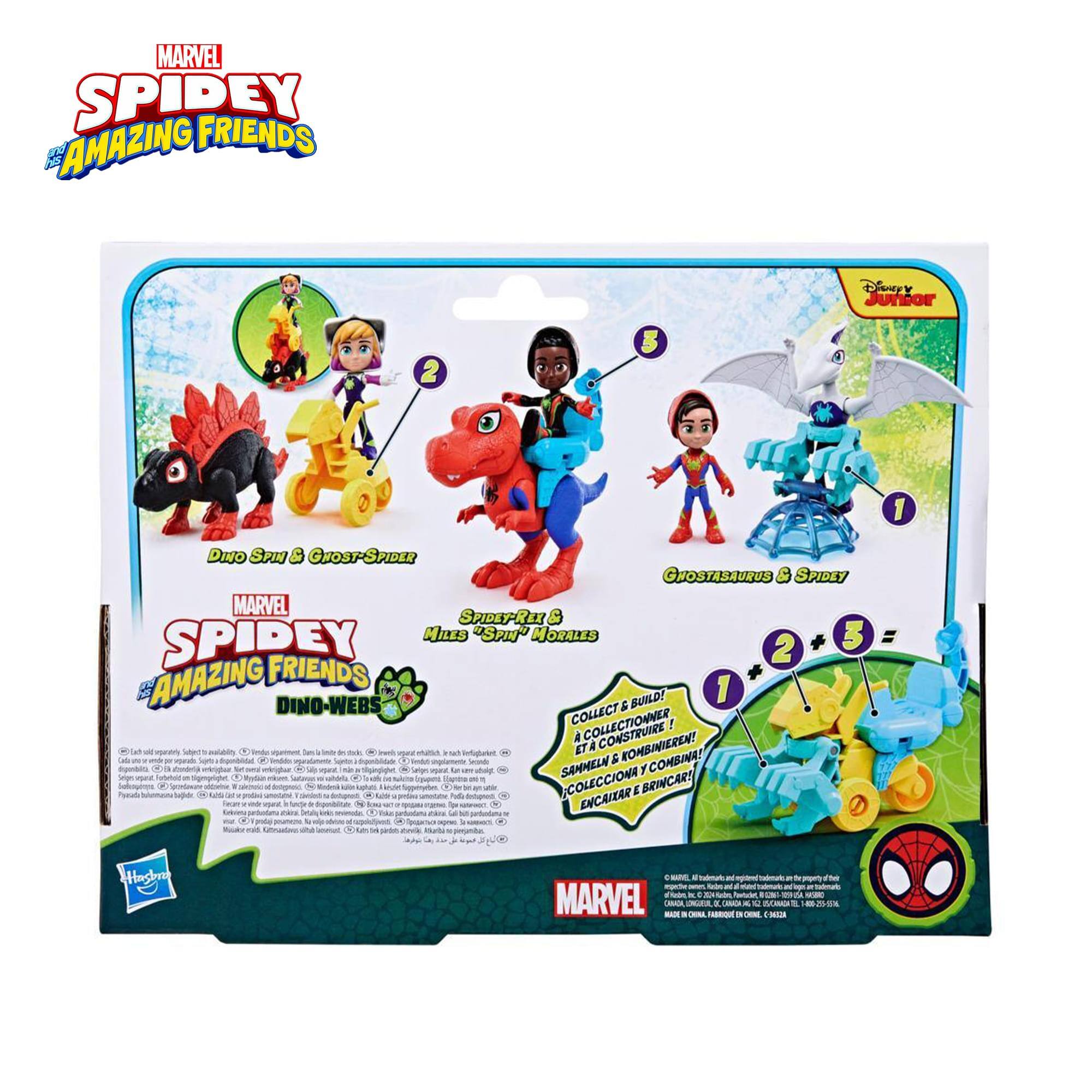 MARVEL SPIDEY AMAZING FRIENDS  
Disney Junior  

DINO SPIN & GHOST-SPIDER  
GHOSTASAURUS & SPIDEY  
MARVEL SPIDEY-REL  
MILES "SPIN" MORALES  

DINO-WEBS & BUILD!  
COLLECT & BUILD!  
COLECCIONA Y COMBINA!  
ENCAJAR E BRINCAR!  

1. GHOSTASAURUS  
2. DINO SPIN  
3. MILES "SPIN" MORALES  
4. SPIDEY-RX  

MARVEL  
SPIDEY AMAZING FRIENDS  
DINO-WEBS  

COLLECT & BUILD!  
A COLLECTIONNER!  
SAMENL & KOMBINIEREN!  
COLECCIONA Y COMBINA!  
ENCAJAR E BRINCAR!  

© MARVEL, Inc. All rights reserved.  
© Disney. All rights reserved.  
© 2023 Hasbro. All rights reserved.  
Made in China.  
C-6323