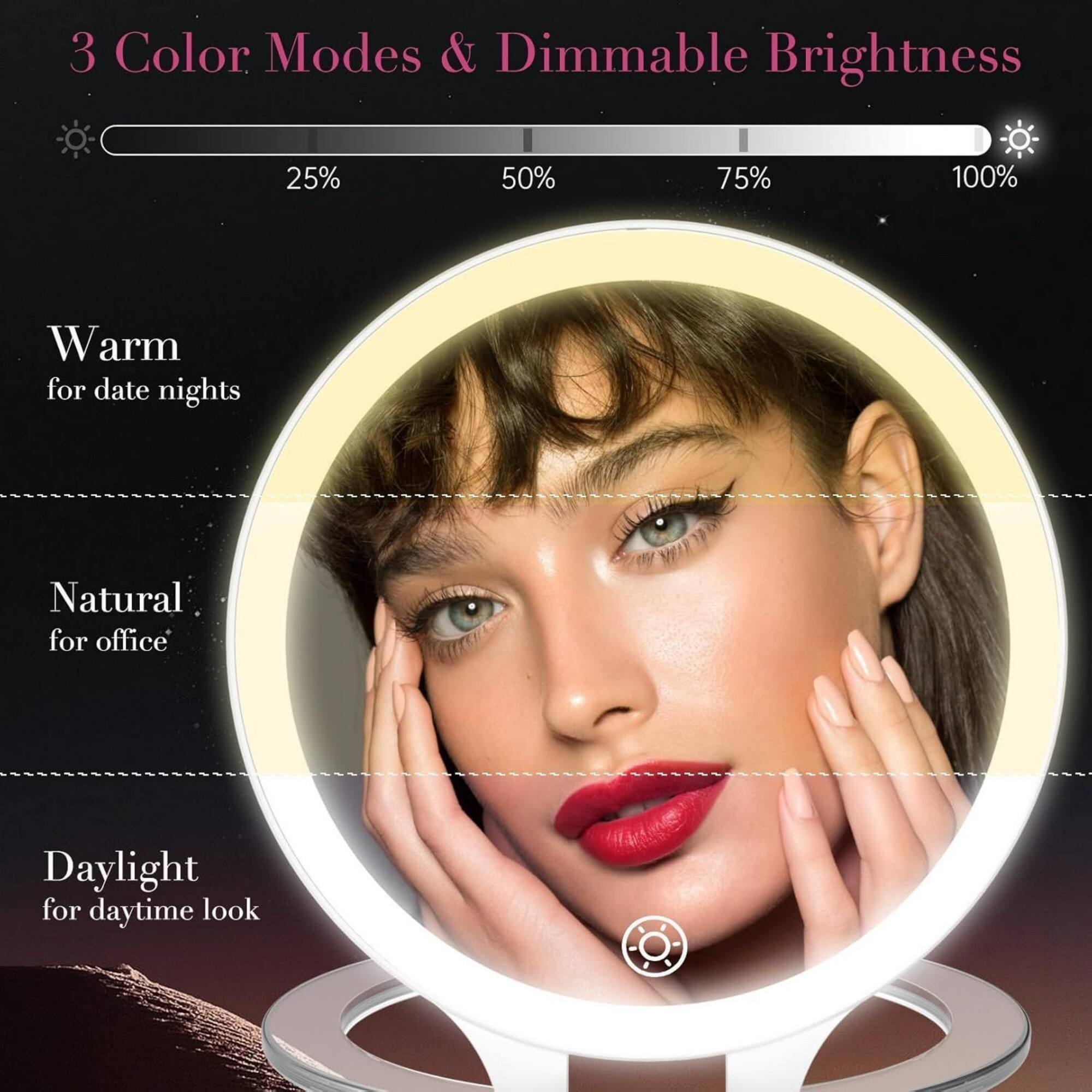 3 Color Modes & Dimmable Brightness

25% 50% 75% 100%

Warm for date nights

Natural for office

Daylight for daytime look